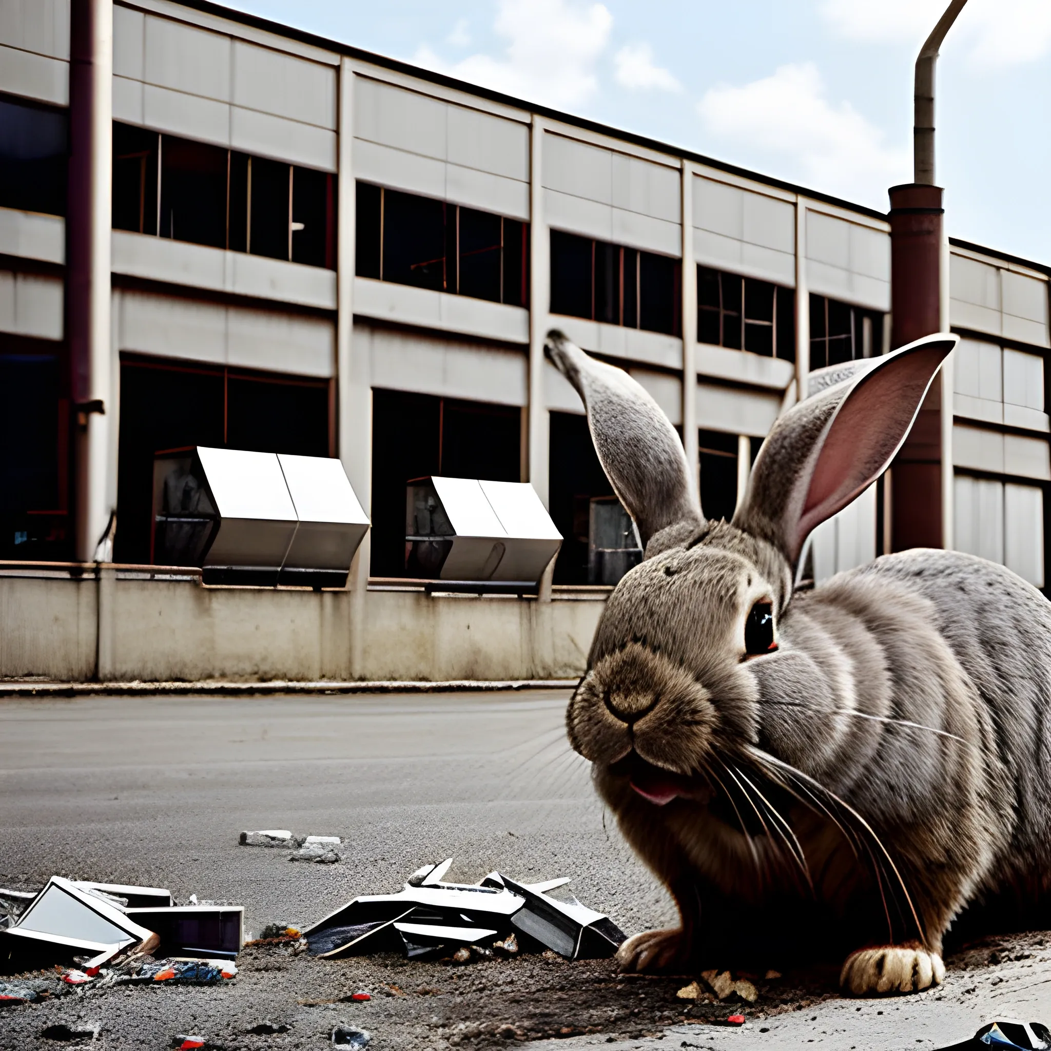 a large rabbit devours pieces of metal in front of a factory, photograph