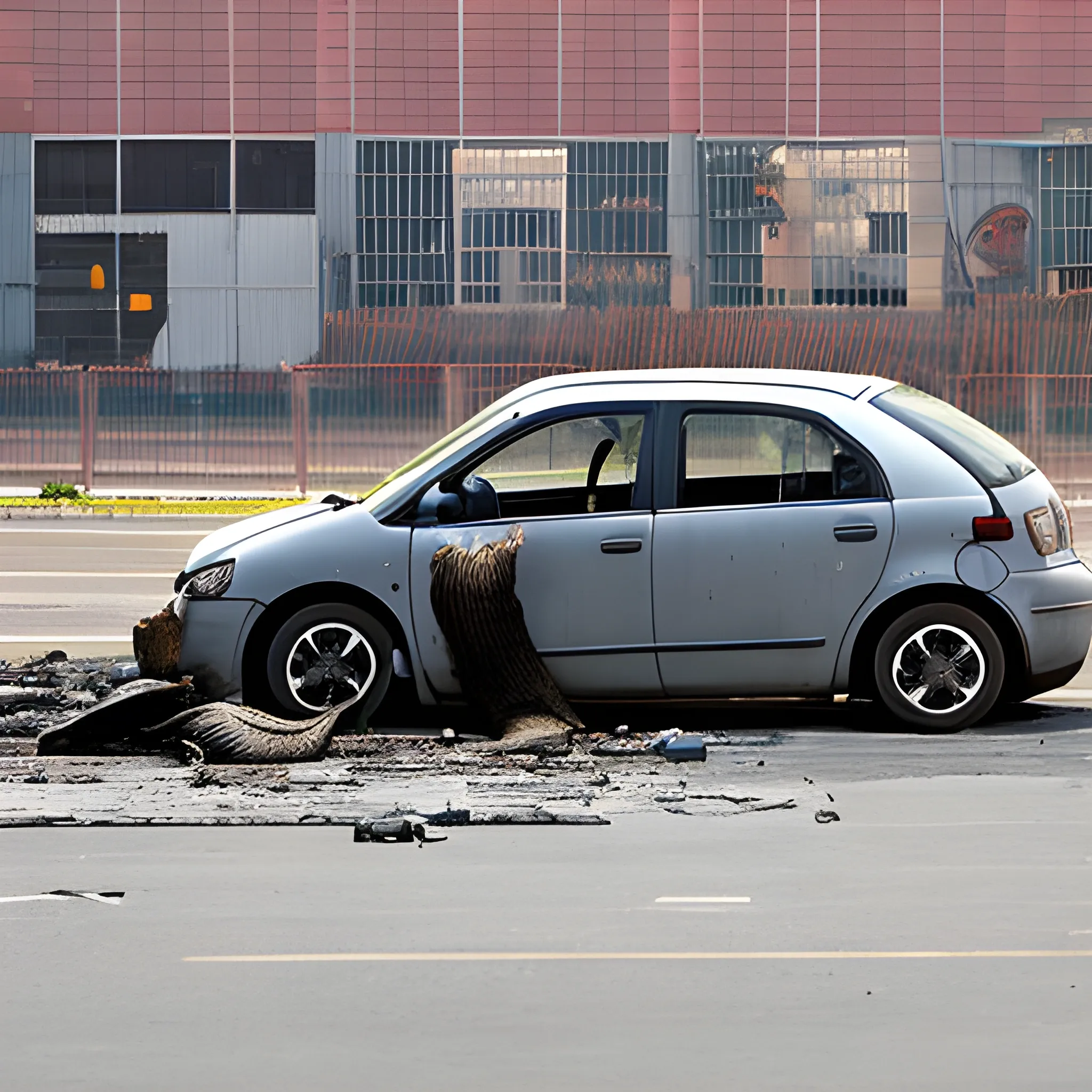 a large rabbit devours car parts in front of a factory, photograph
