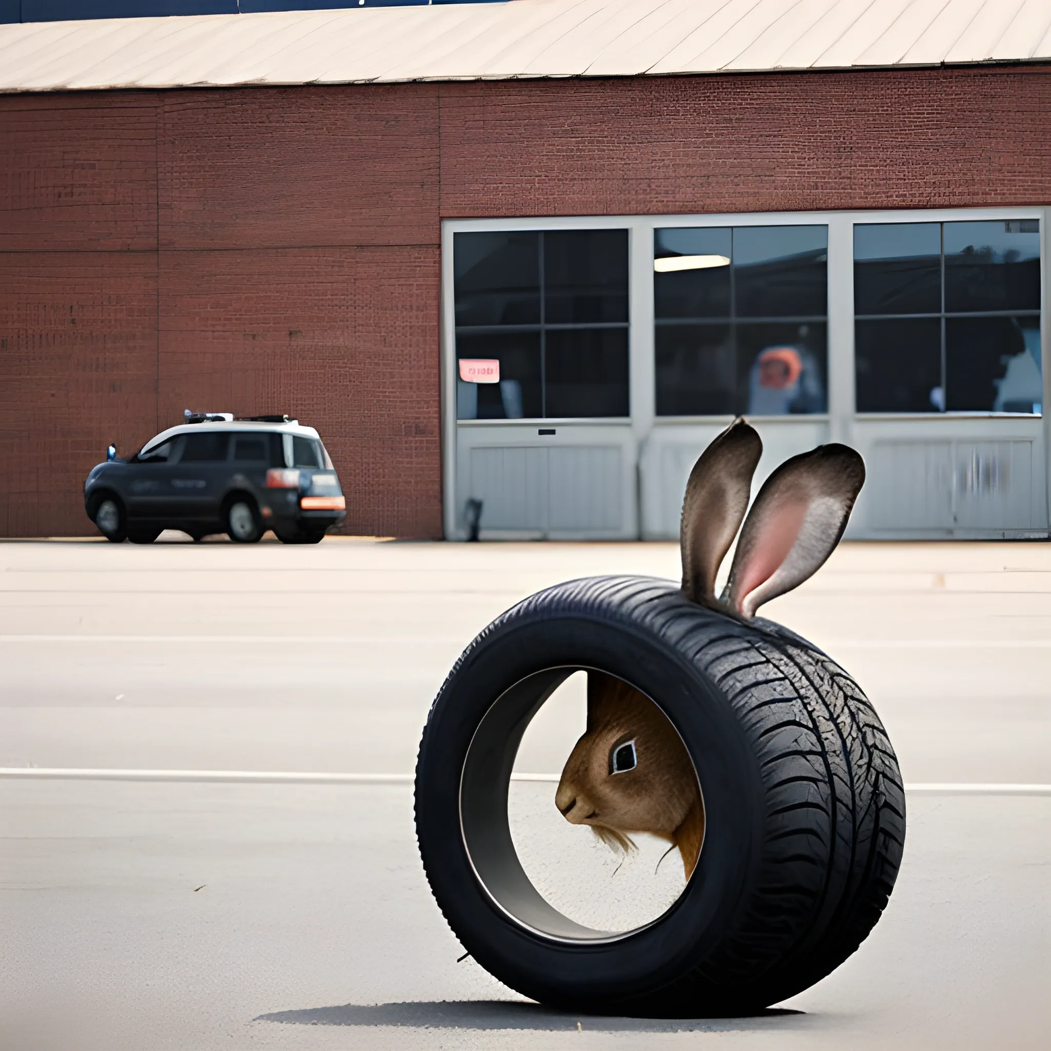 a large rabbit devours tire in front of a factory, photograph
