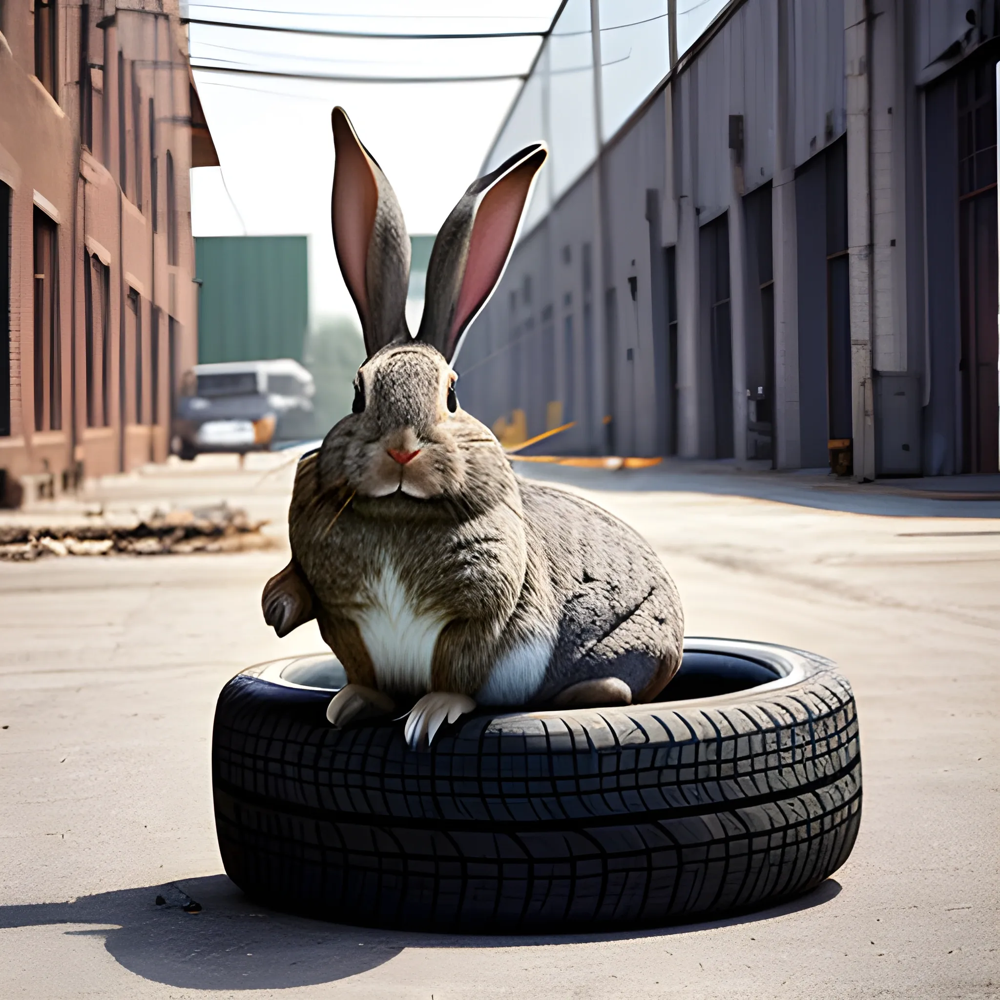 a large rabbit devours tire in front of a factory, photograph