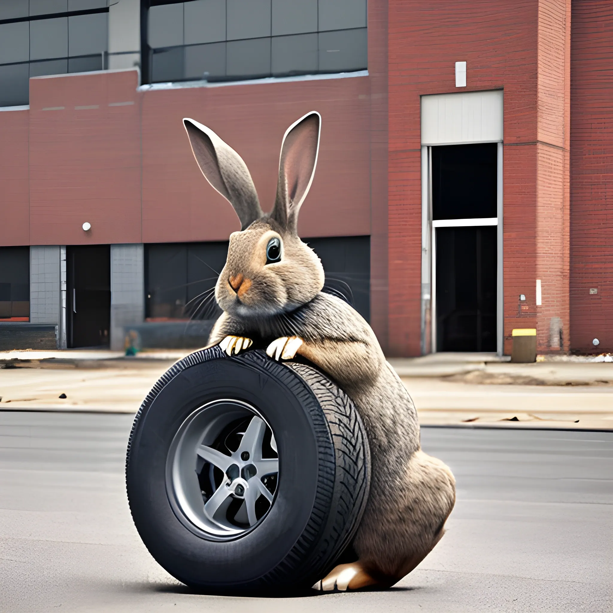 a large rabbit eats tire in front of a factory, photograph