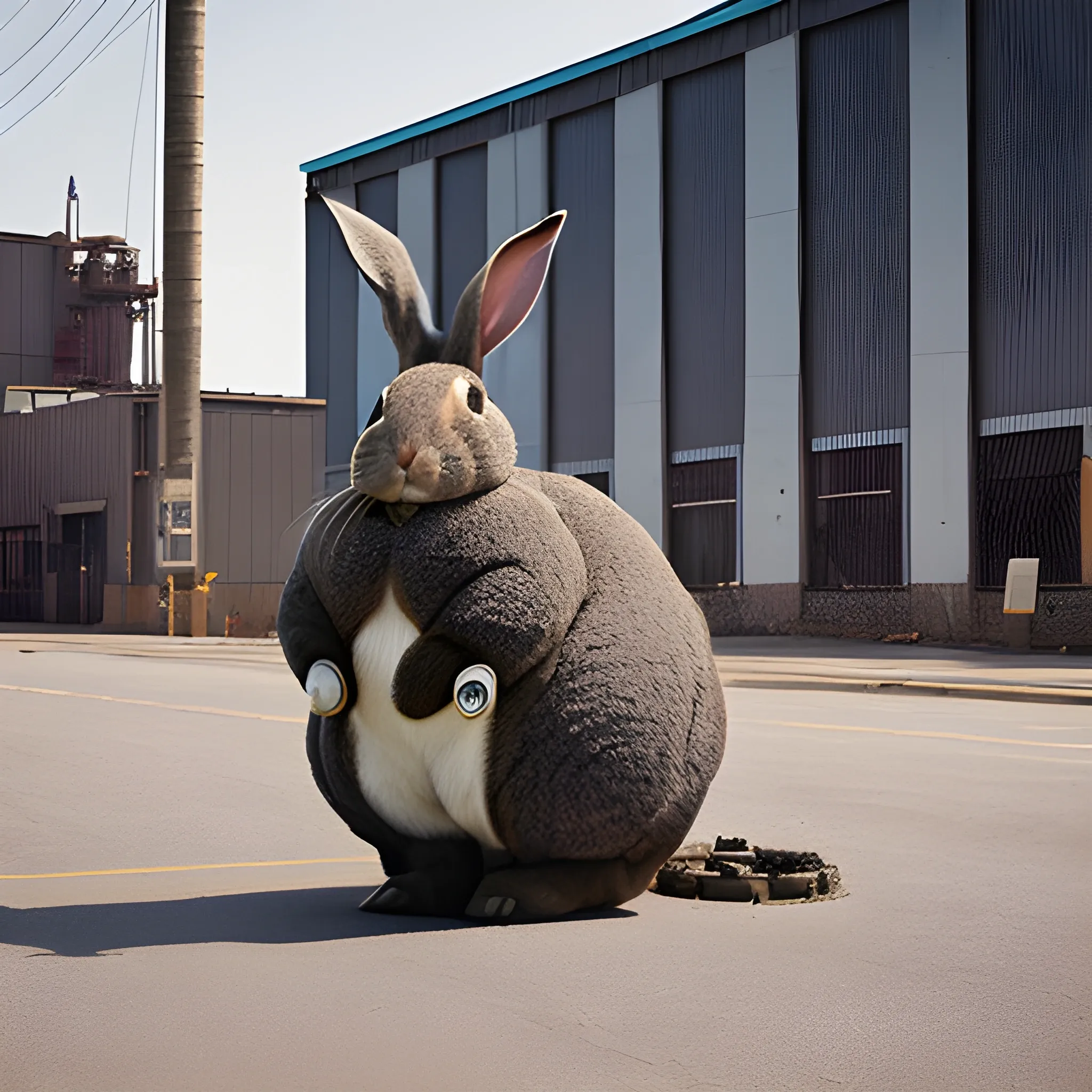 a large rabbit is eating tire in front of a factory, photograph