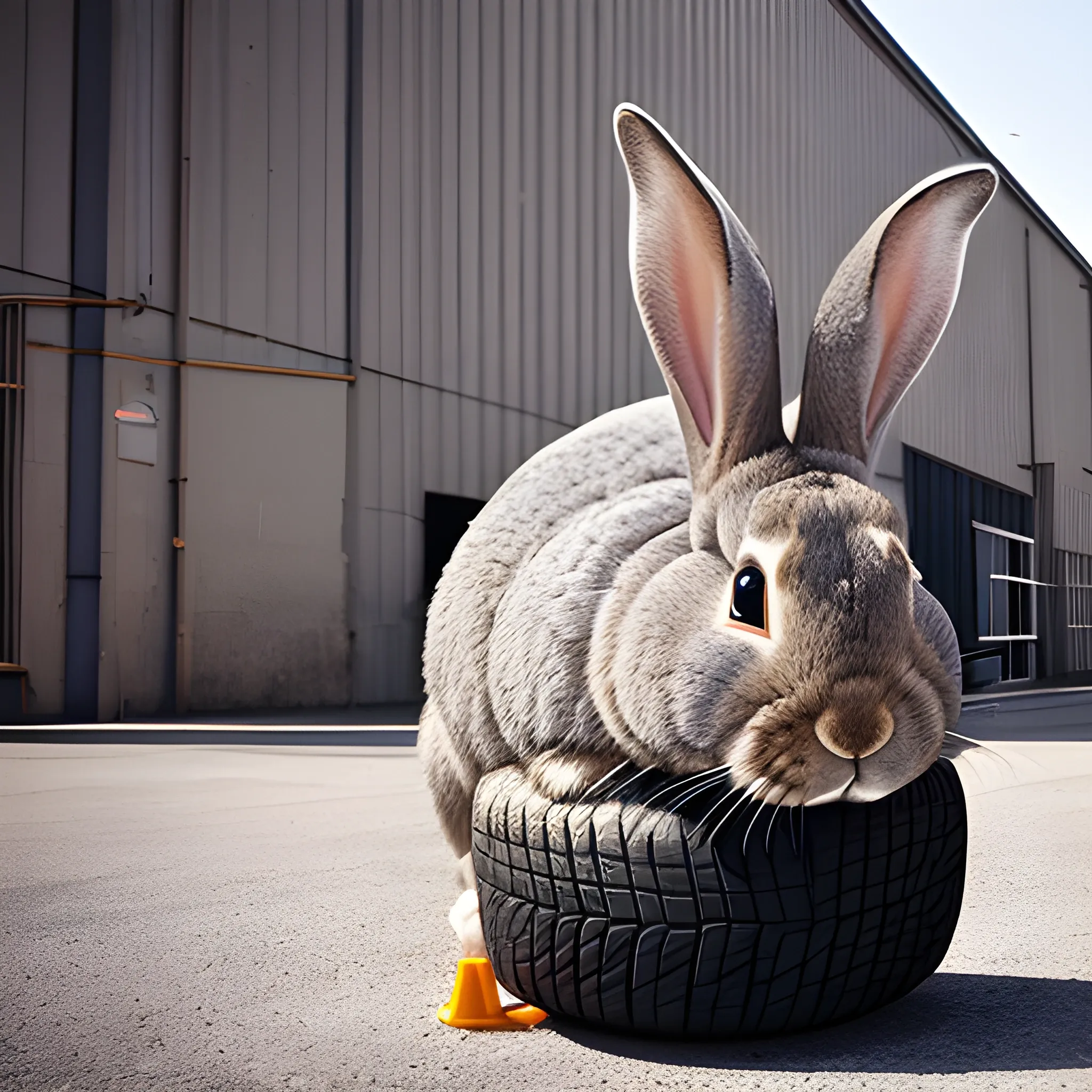 a large rabbit is eating tire in front of a factory, photography