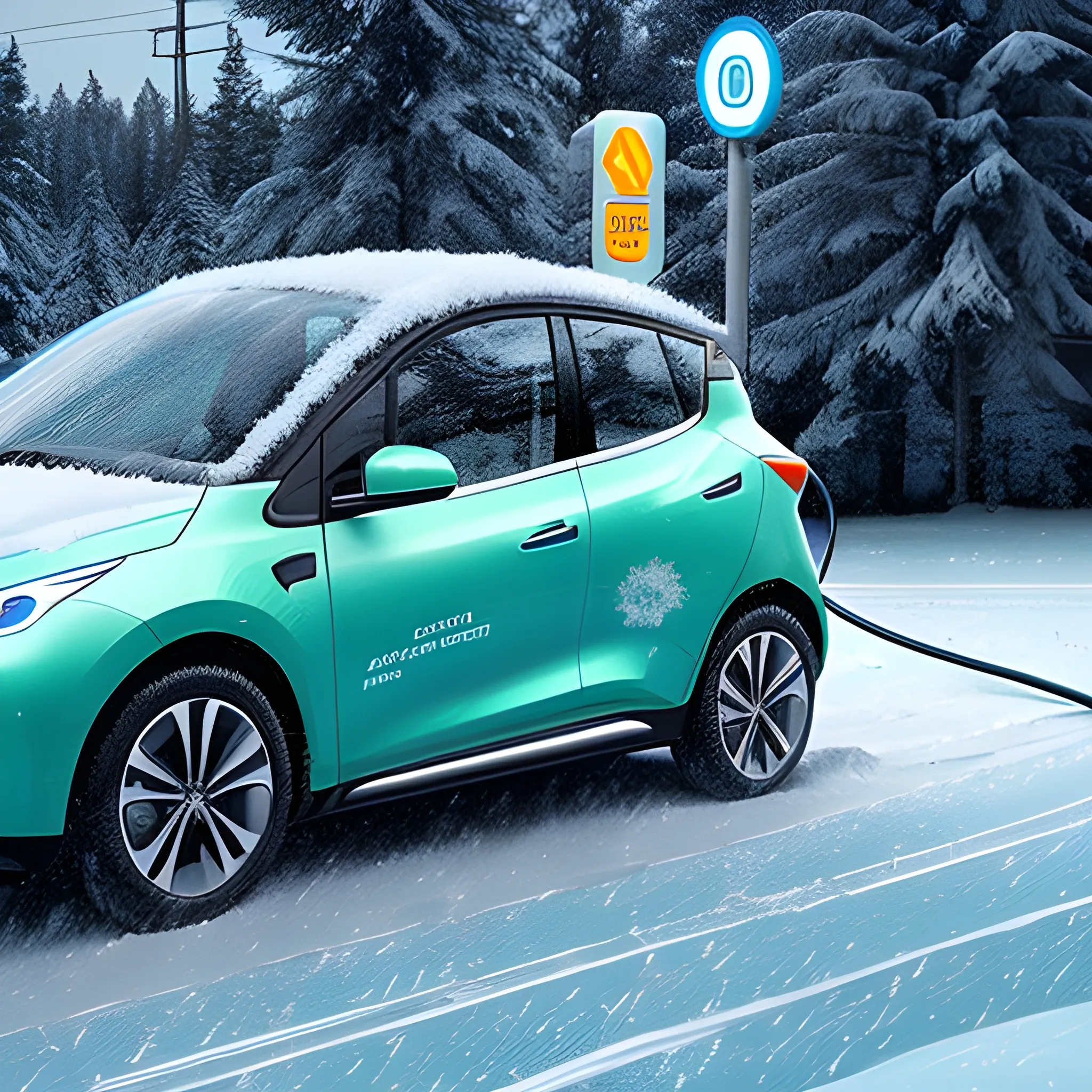 An electric car is being charged while in use, with realistic snow, ultra realistic, and high-definition photography