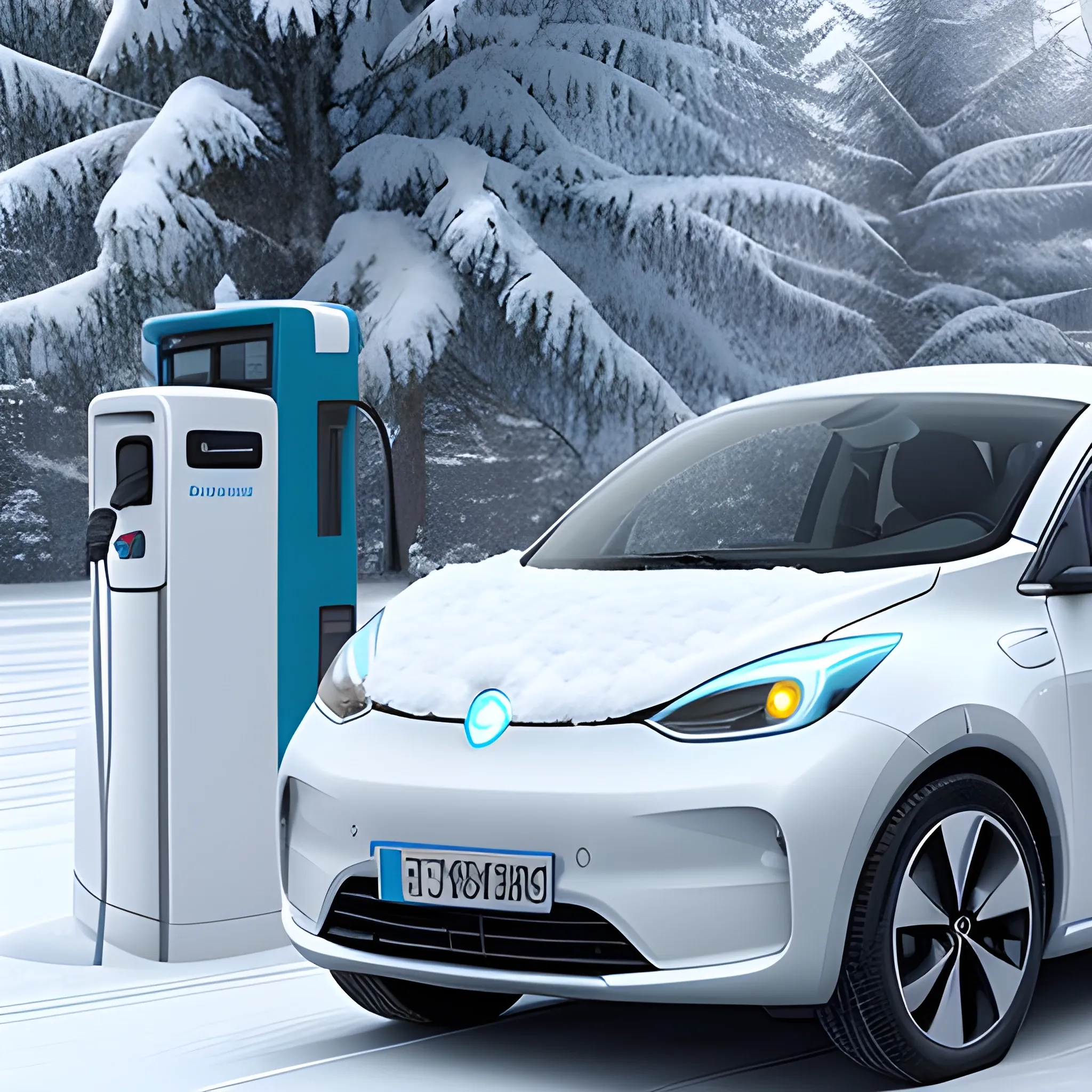 An electric car is being charged while in use, with realistic snow, ultra realistic, and high-definition photography