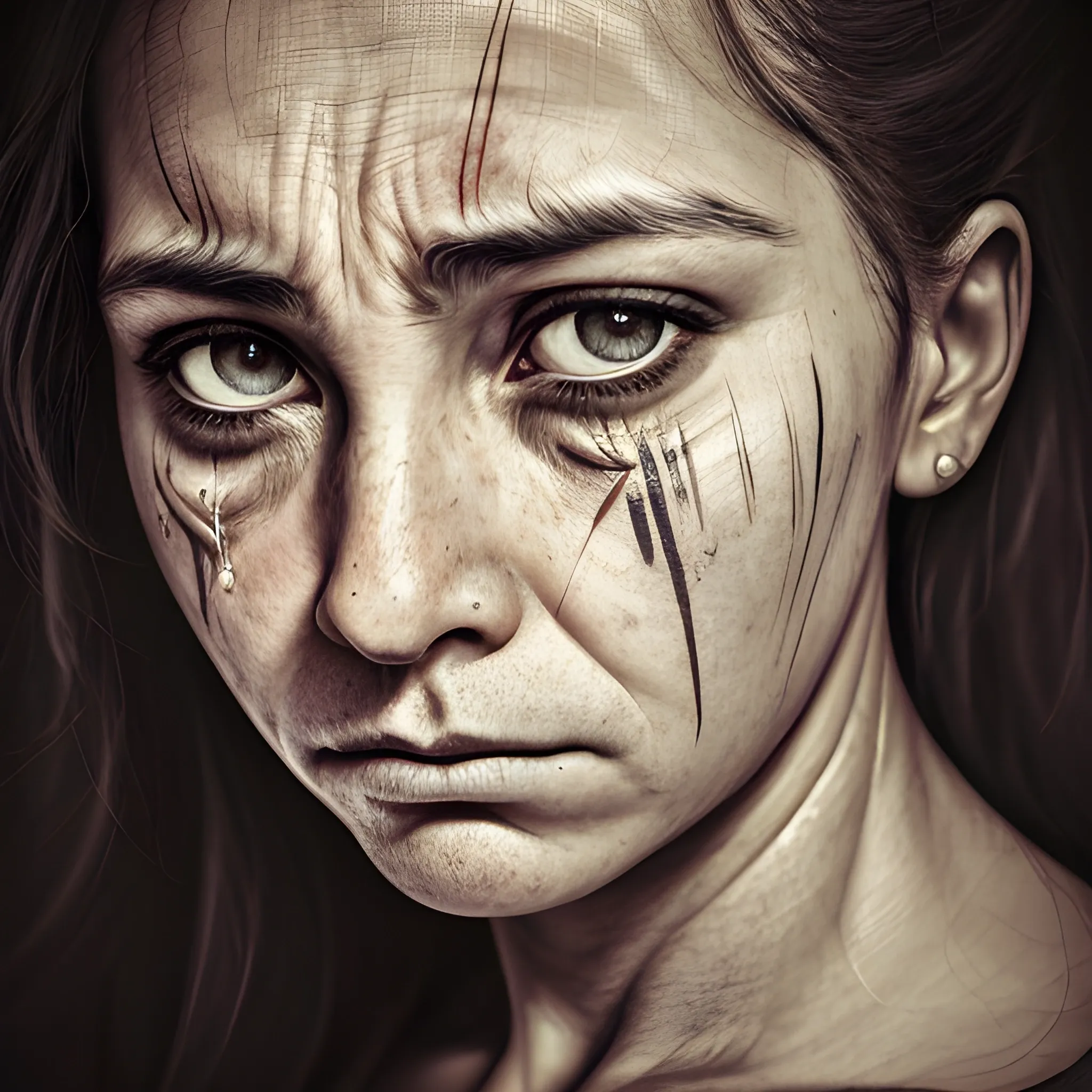 A portrait of a woman, her face etched with sorrow and longing. The lines on her face tell a story of heartache and loss, while her eyes seem to hold a glimmer of hope