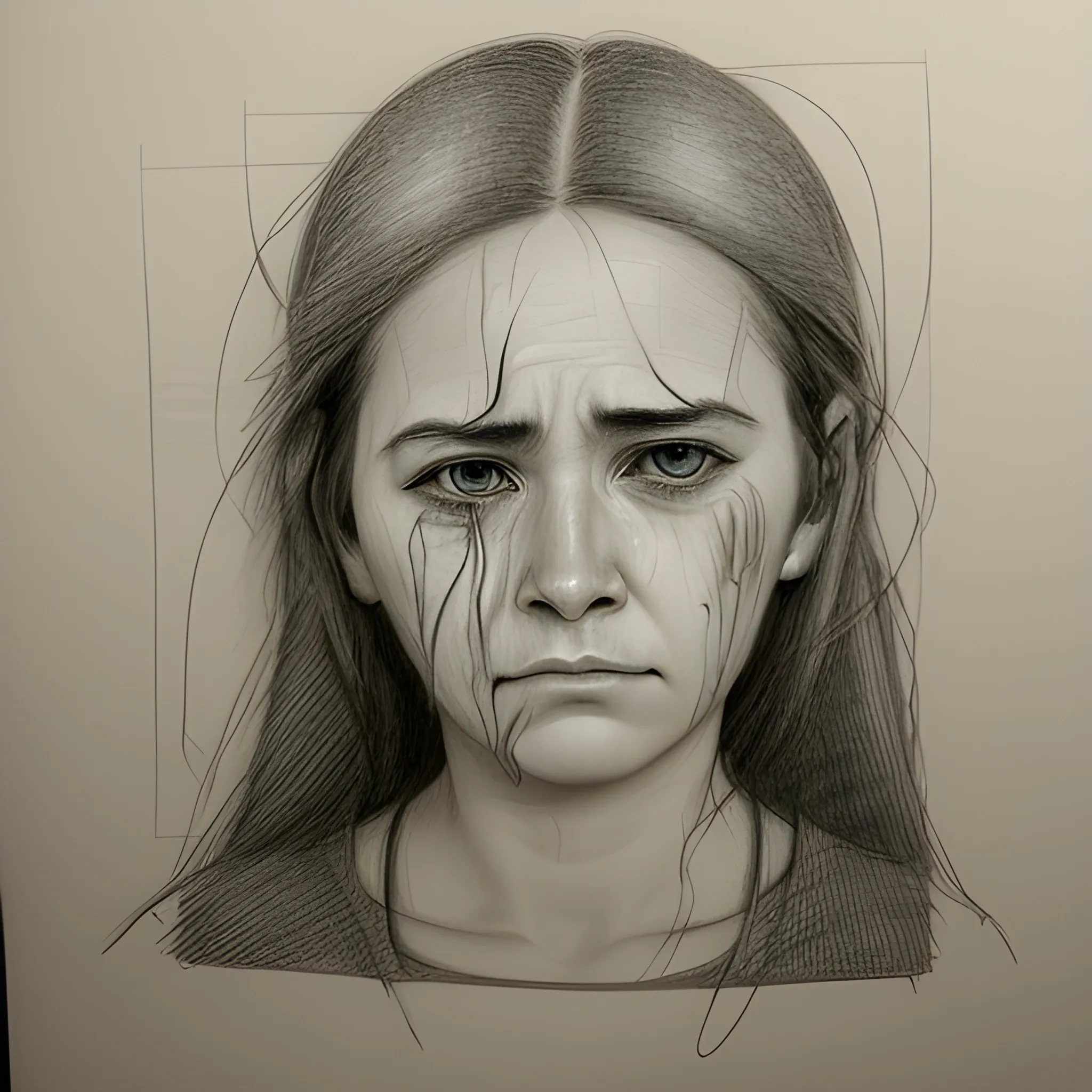 A portrait of a woman, her face etched with sorrow and longing. The lines on her face tell a story of heartache and loss, while her eyes seem to hold a glimmer of hope, Pencil Sketch