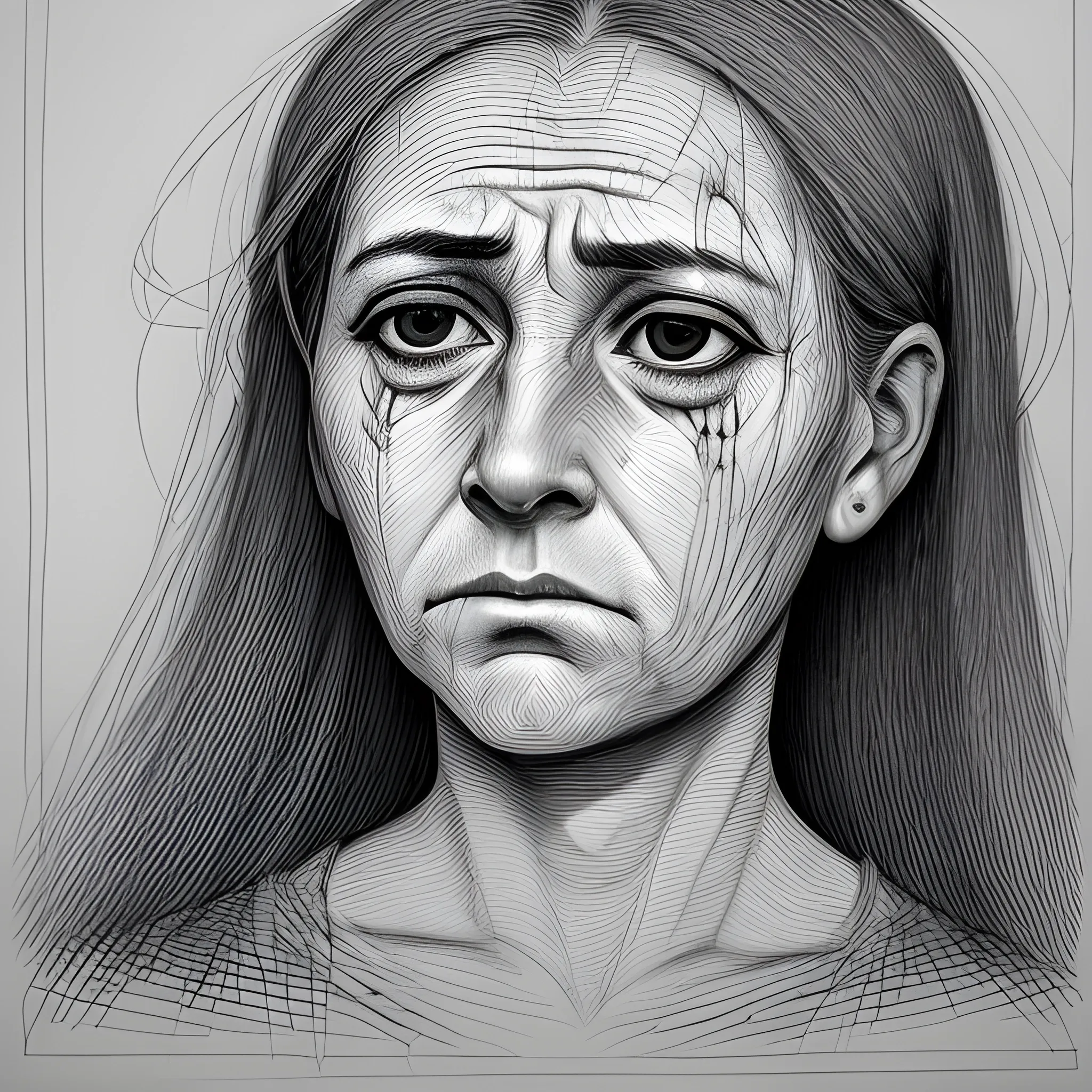 A portrait of a woman, her face etched with sorrow and longing. The lines on her face tell a story of heartache and loss, while her eyes seem to hold a glimmer of hope, Cartoon