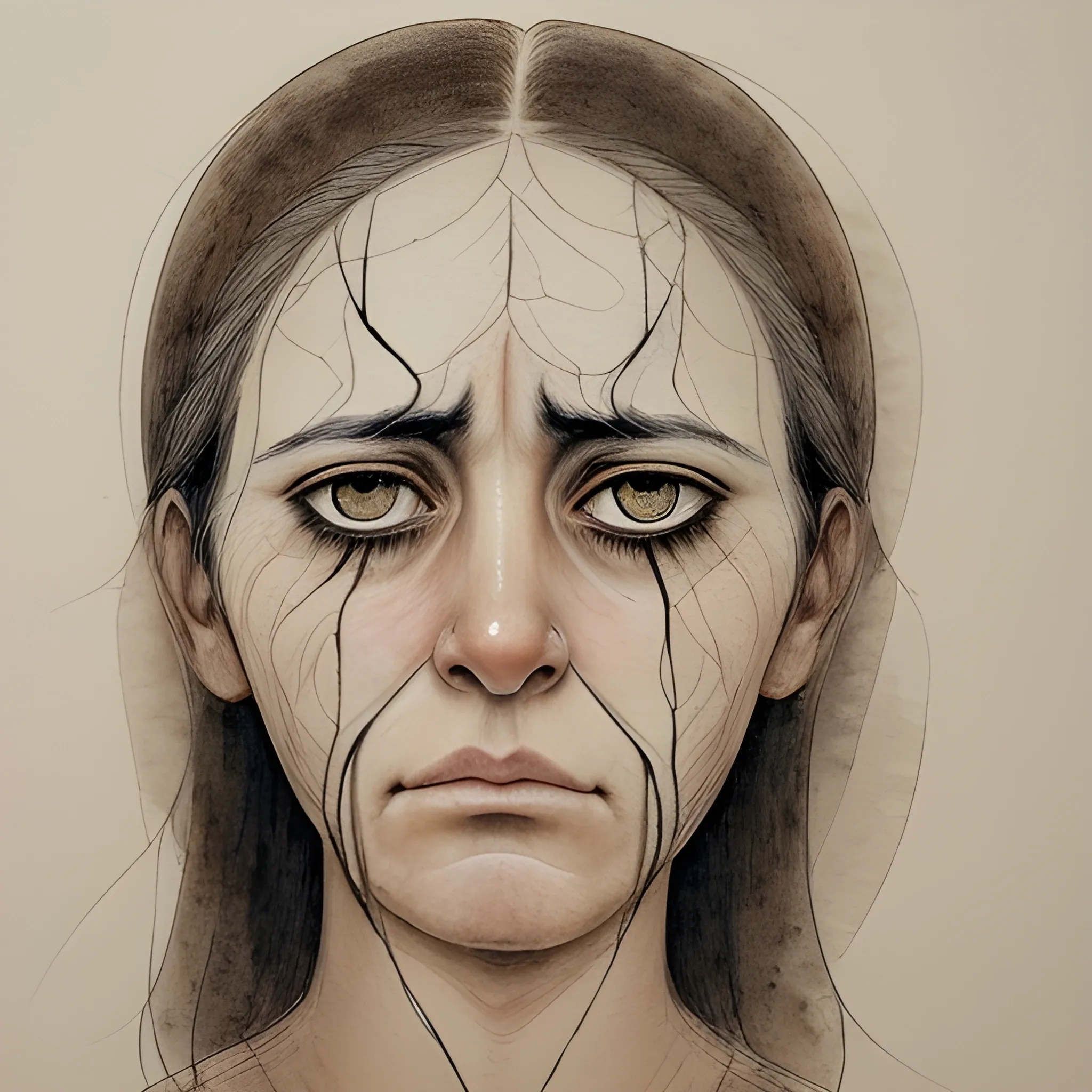 A portrait of a woman, her face etched with sorrow and longing. The lines on her face tell a story of heartache and loss, while her eyes seem to hold a glimmer of hope, Water Color