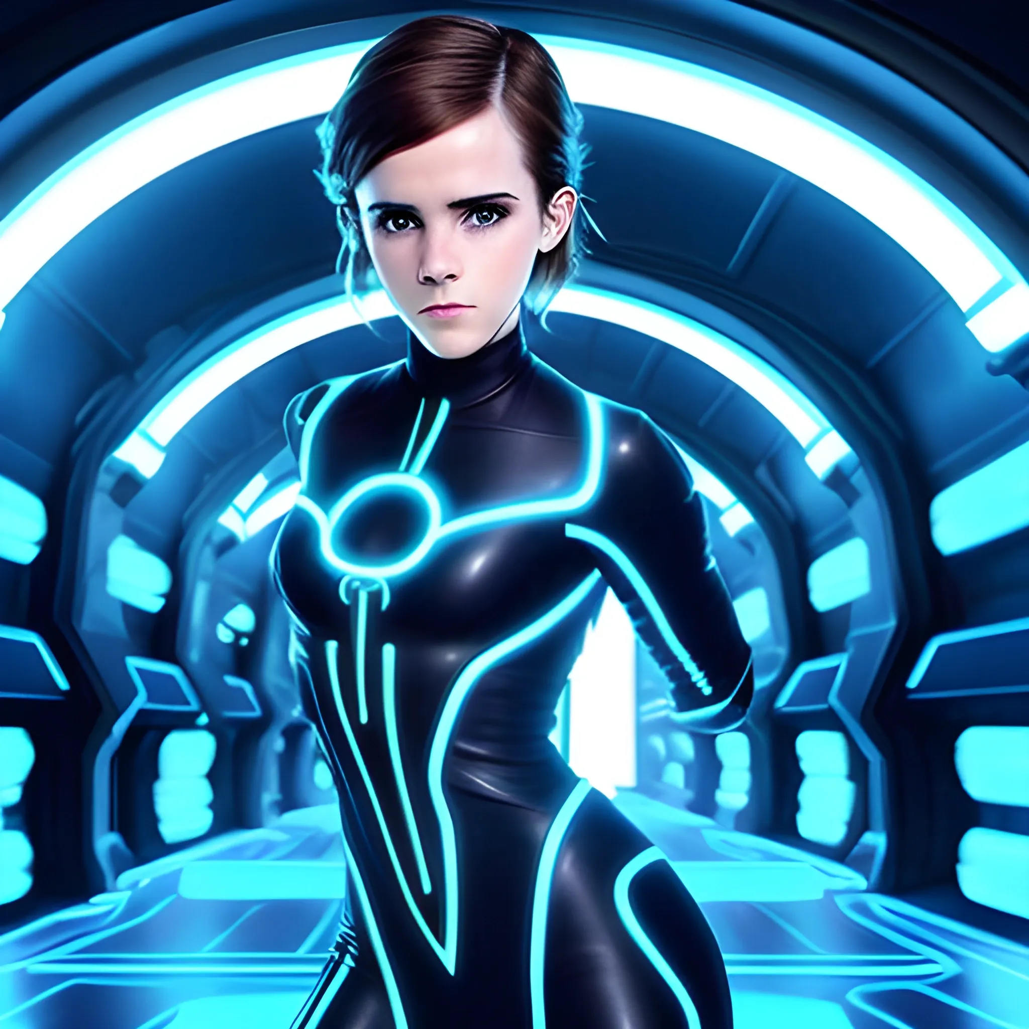 Emma Watson sexy in a hot tron ​​cosplay, you can see her breasts and hips, also her lips and perfect face