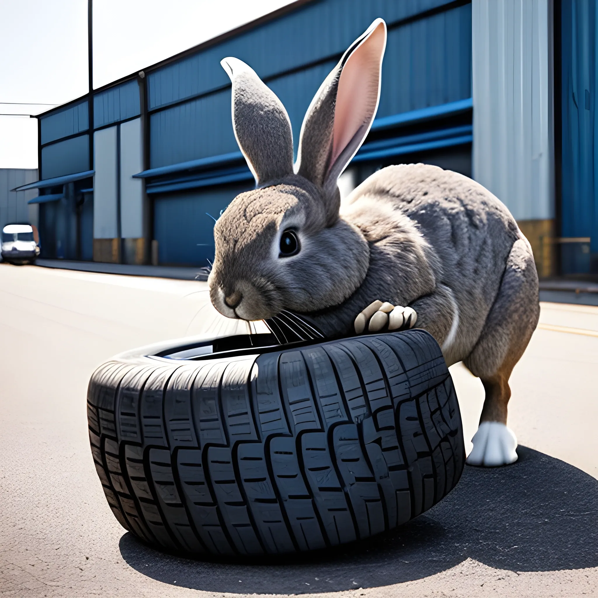 a large rabbit is eating tire in front of a factory, photography