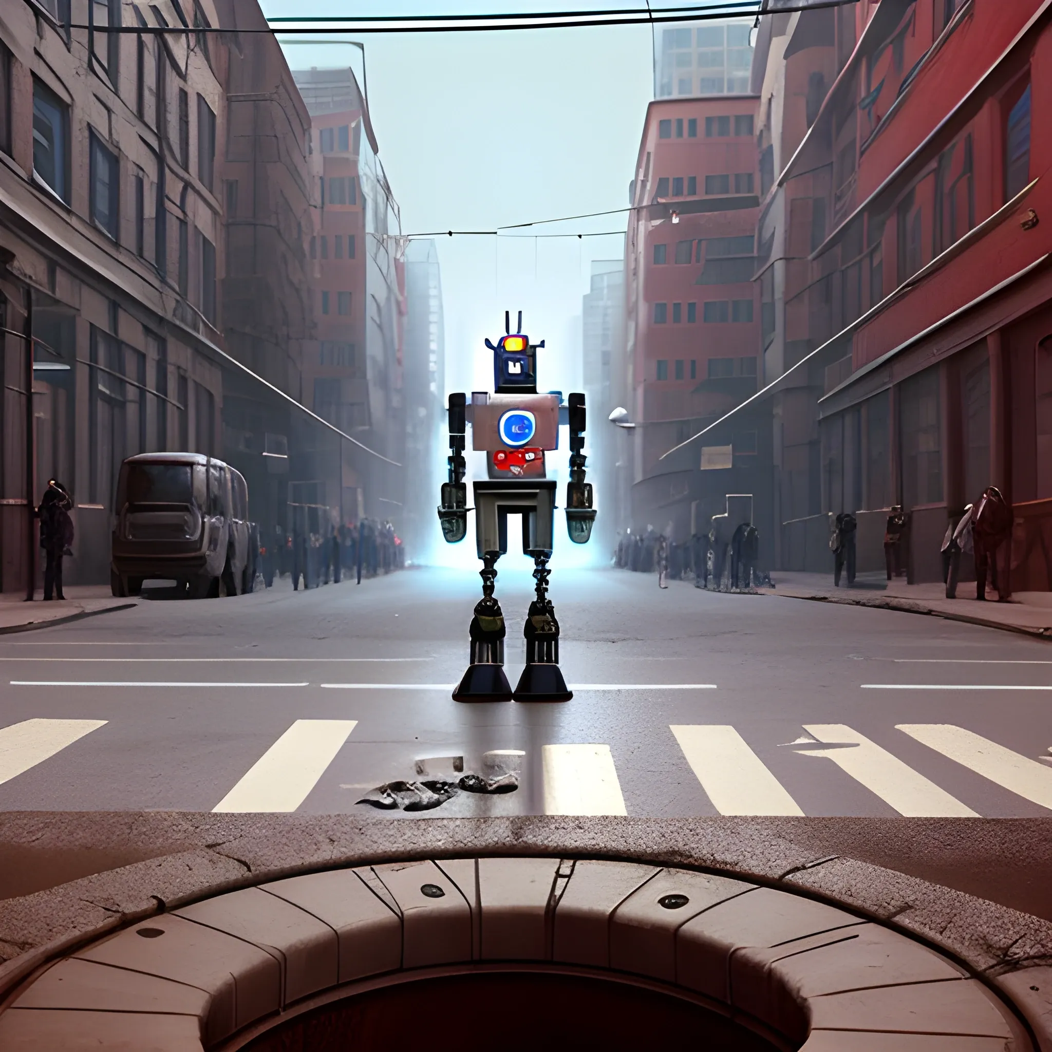 a robot looks out of a manhole on the street of a totalitarian city, futurism, photorealism