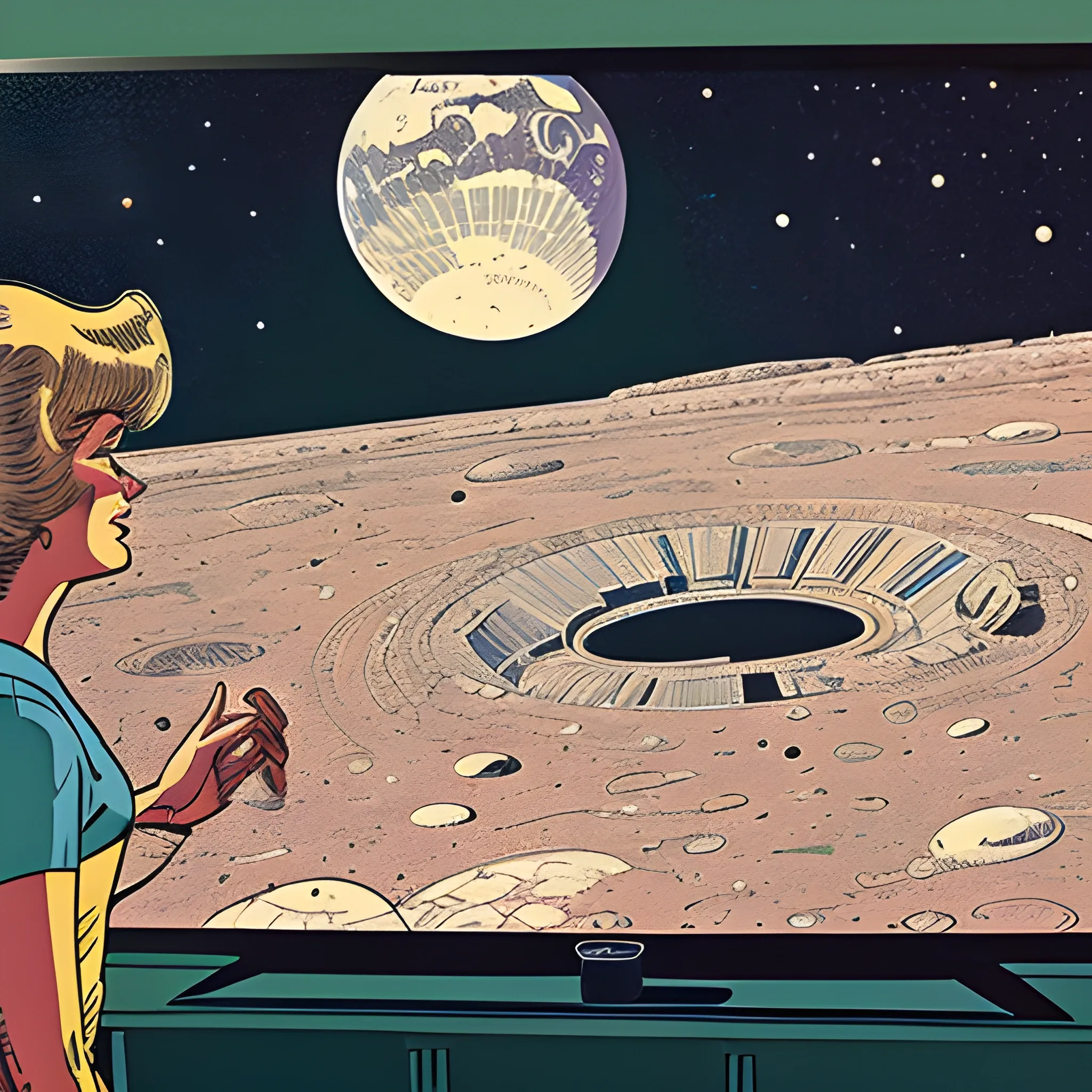 1960's advertisement for space stations on the moon's craters, displayed on a giant tv screen in front of an excited crowd, drawn in Jean Giraud art style