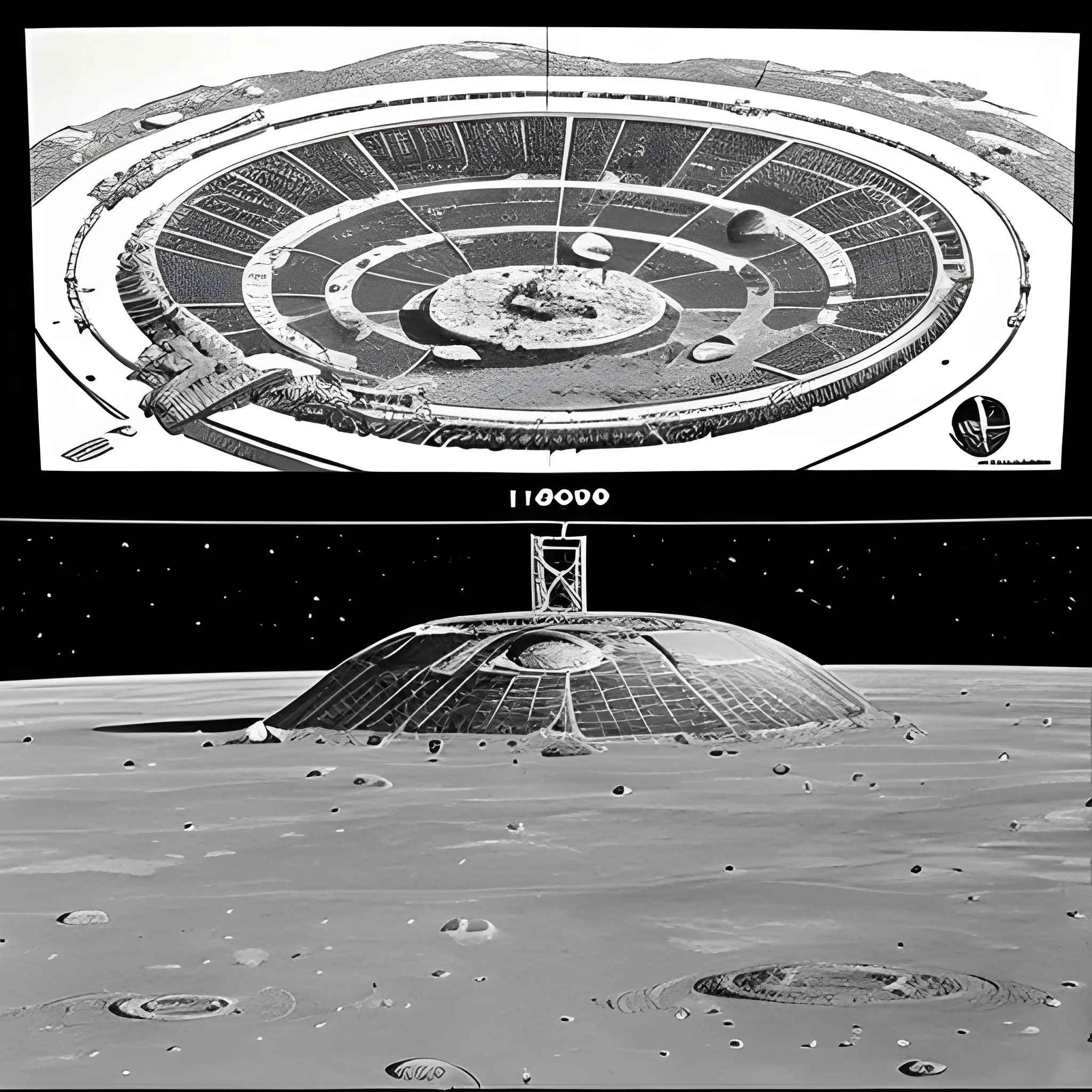 1960's advertisement for space stations on the moon's craters, displayed on a giant tv screen in front of an excited crowd of multiple people, drawn in Jean Giraud art style