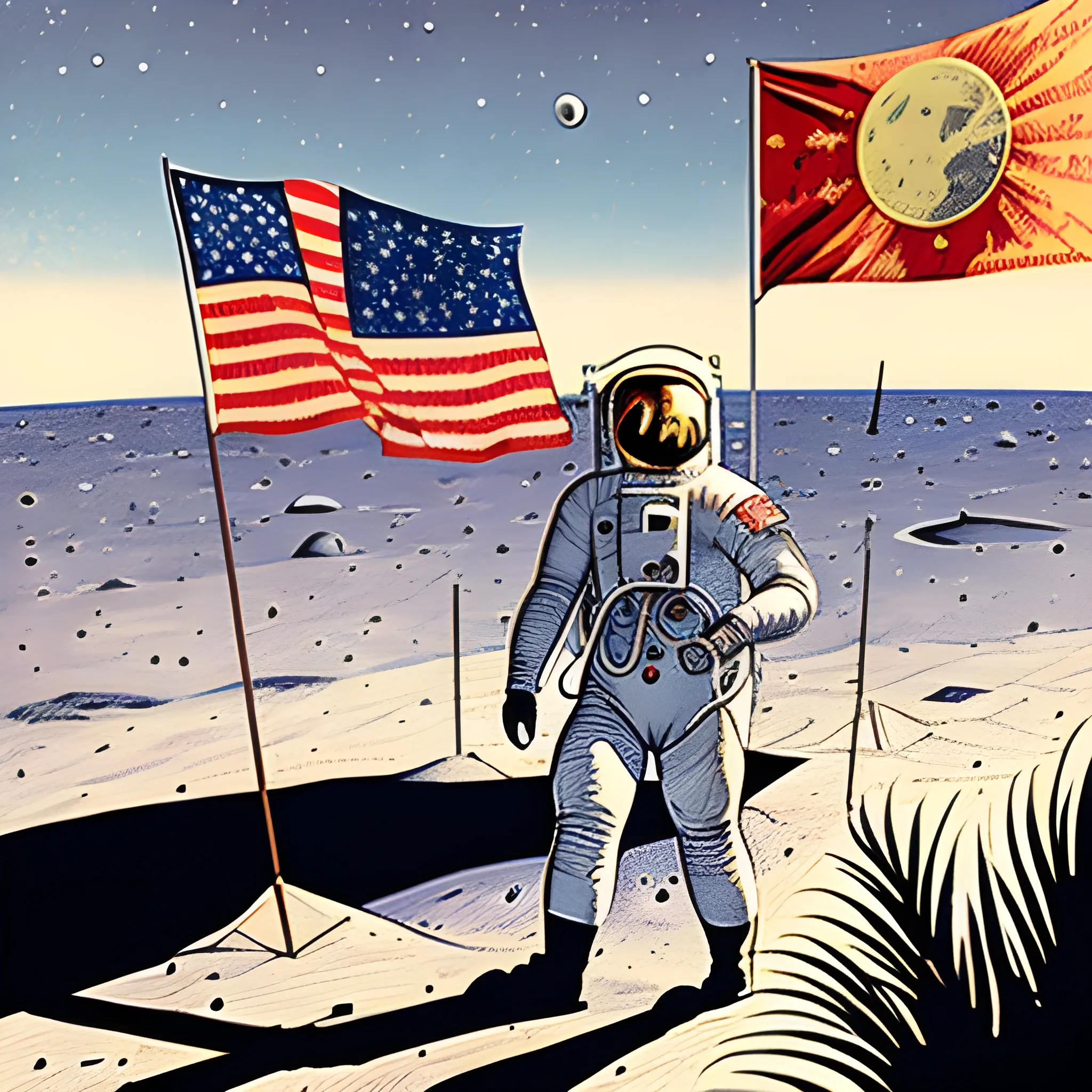 moon landing during the 1950's with the astronaut holding a roman flag, back turned, looking at earth, drawn in Jean Giraud art style