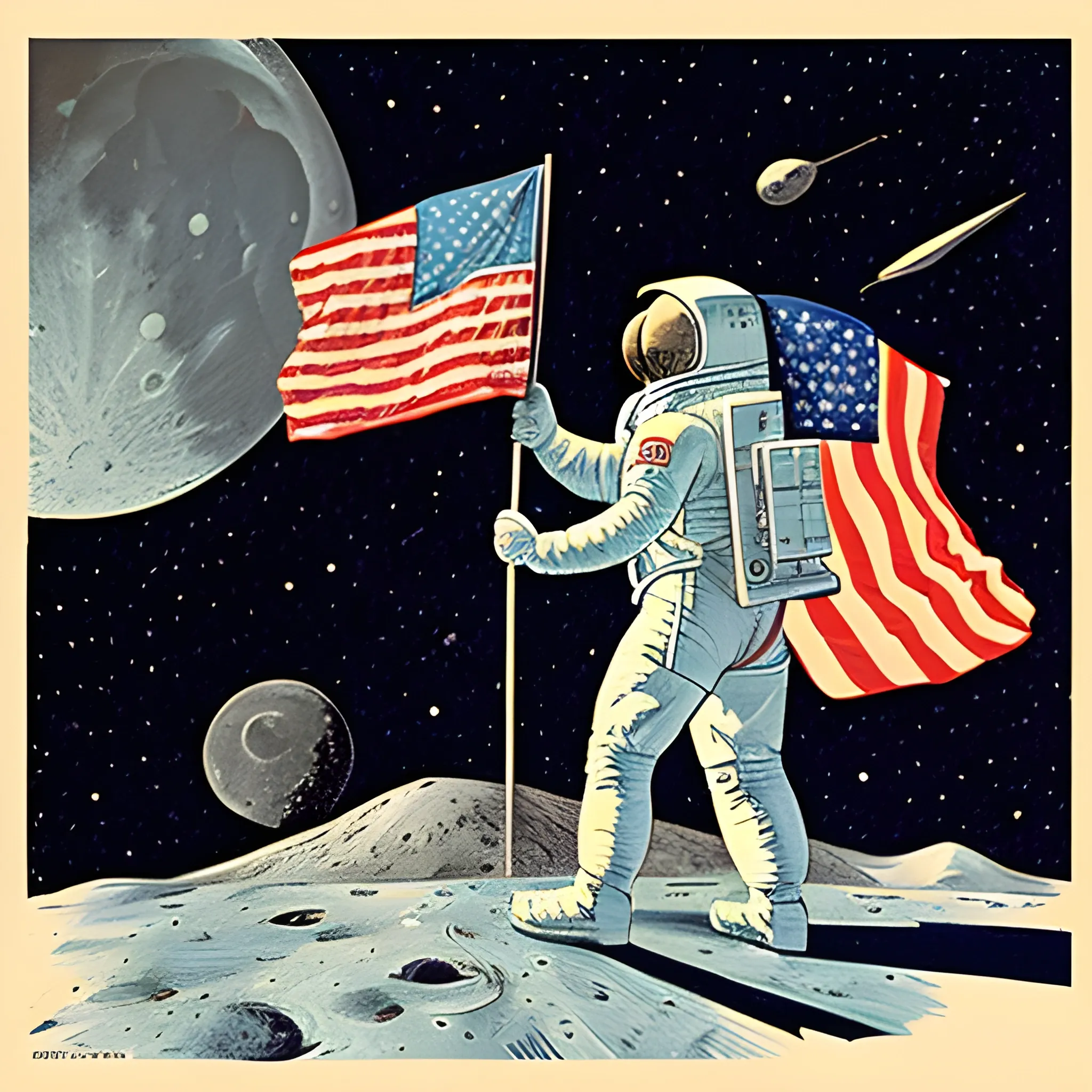 moon landing during the 1950's with the astronaut holding the roman flag, back turned, looking at up earth, drawn in Jean Giraud art style, partial side view