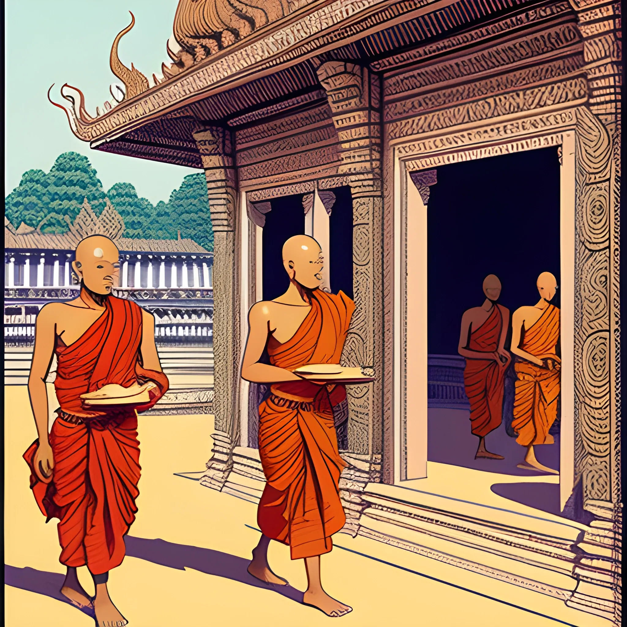 Cambodian hindu monks, side view, walking through a South Asian hindu temple, drawn in Jean Giraud art style