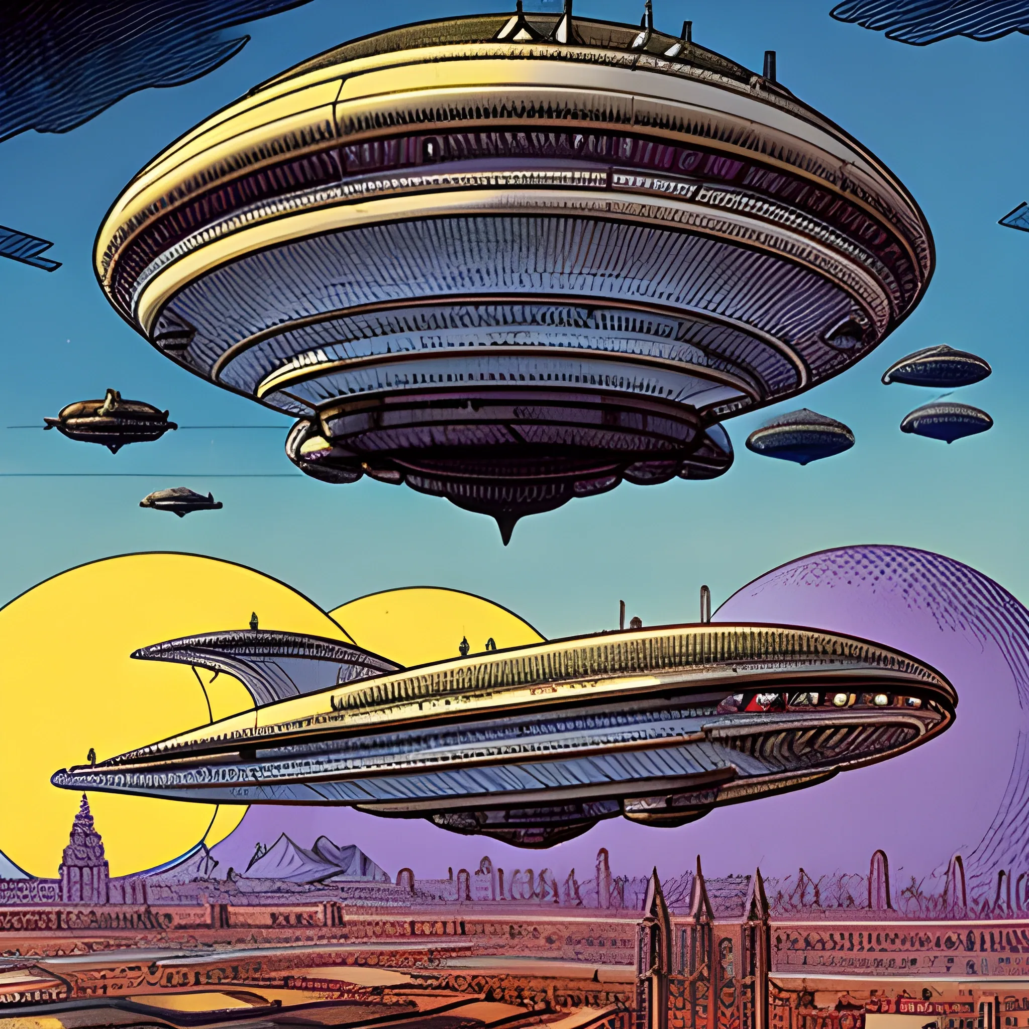 alien airships bombing a European city ion the 1930's, drawn in Jean Giraud art style