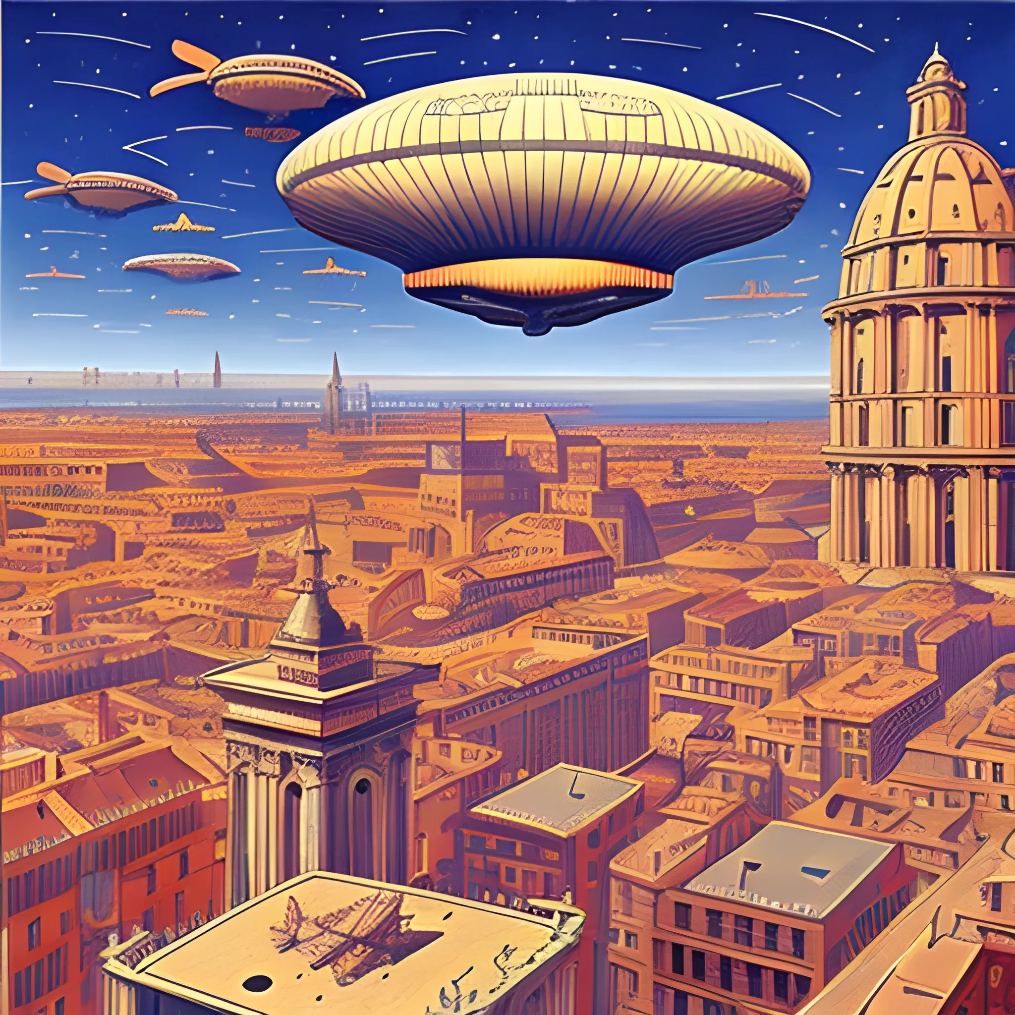 alien airships flying over a European city, mix of Roman and spainish architecture, during the 1930's, drawn in Jean Giraud art style