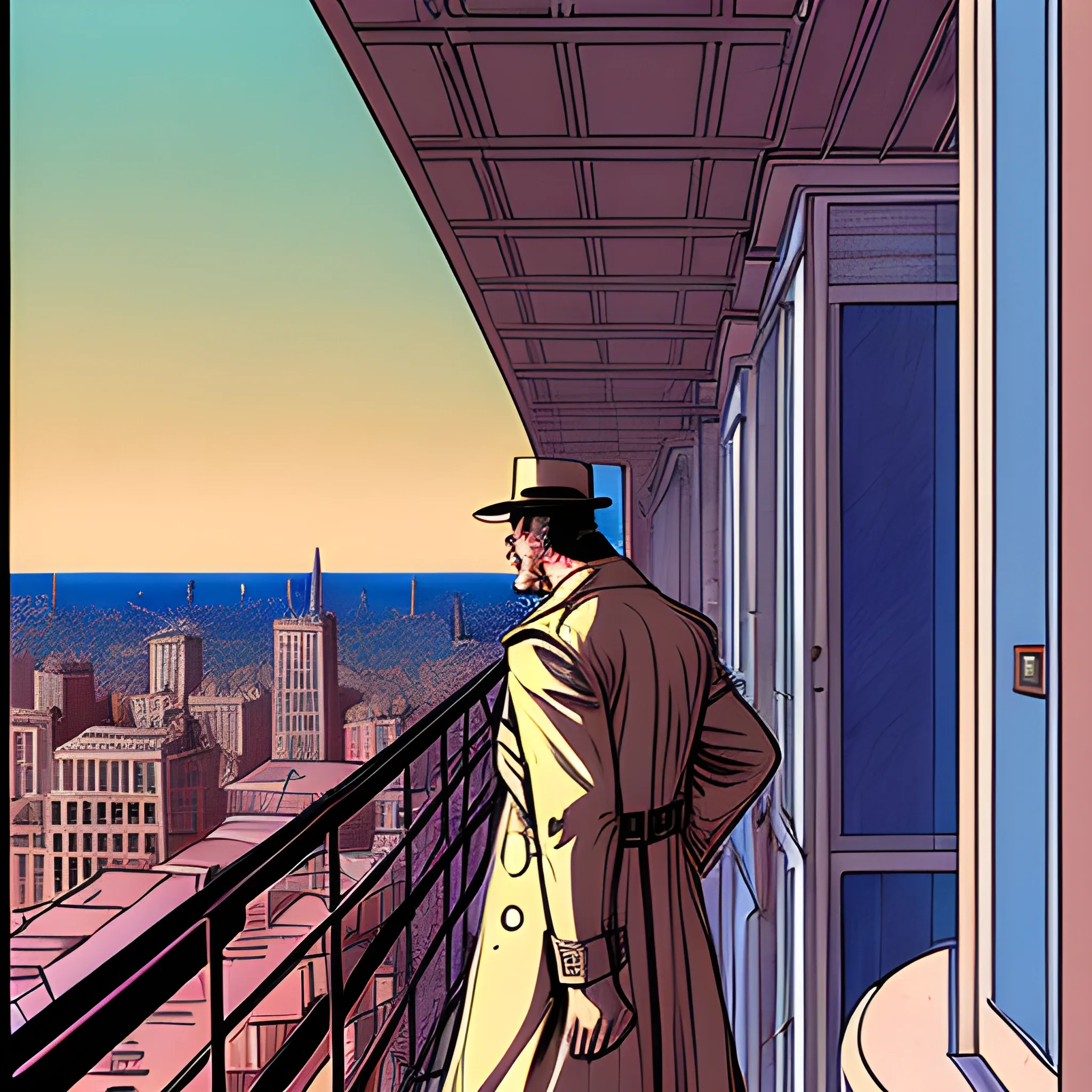 man in a trench coat, back turned, on a balcony, looking at Chicago with a mix of French, american art deco, Greco roman, and British architecture in the designs of the buildings, drawn in Jean Giraud art style