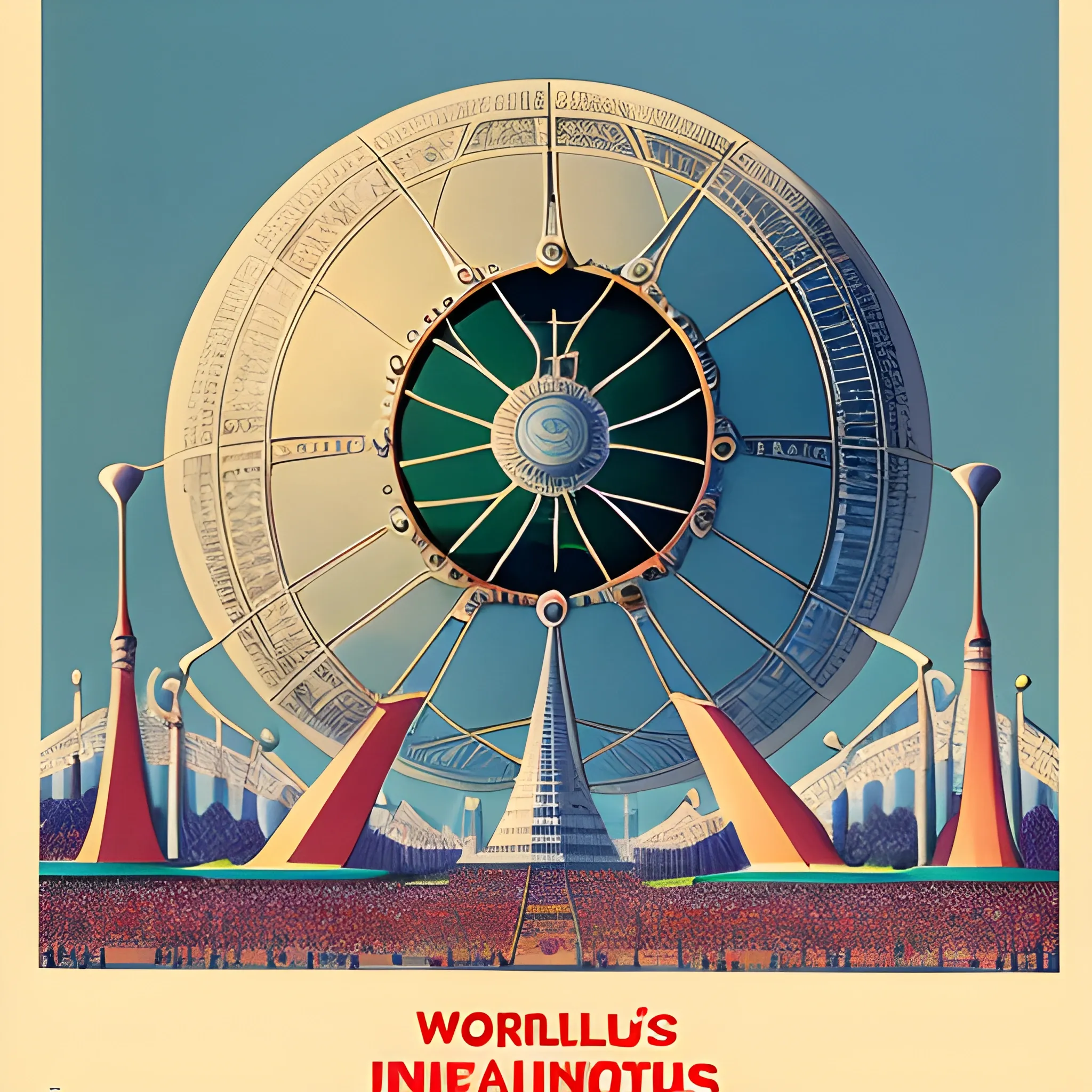 1960's Advertisement for a world's fair that also hit the Olympics in Calcutta India, showing athlete, crowds looking, and a futuristic 1960 Indian mega structure, drawn in Jean Giraud art style, with a title saying '' innovations and inventions of the future'' written at the bottom, '' World's fair Olympics'' written at the top