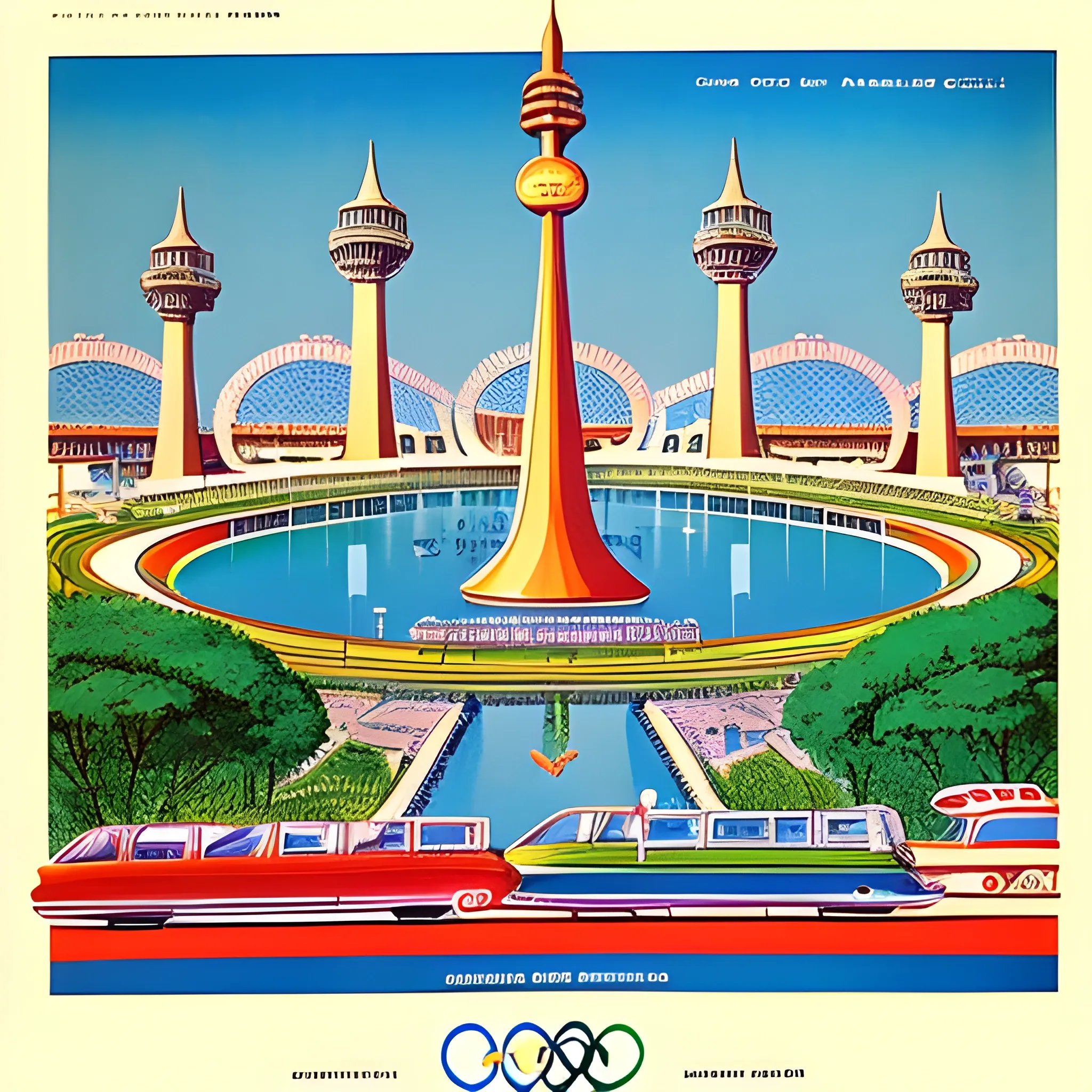 1960's advertisment for a World's fair in Calcutta India, with the title '1962 World Fair Olympics' written at the top right corner,  drawn in Jean Giraud art style