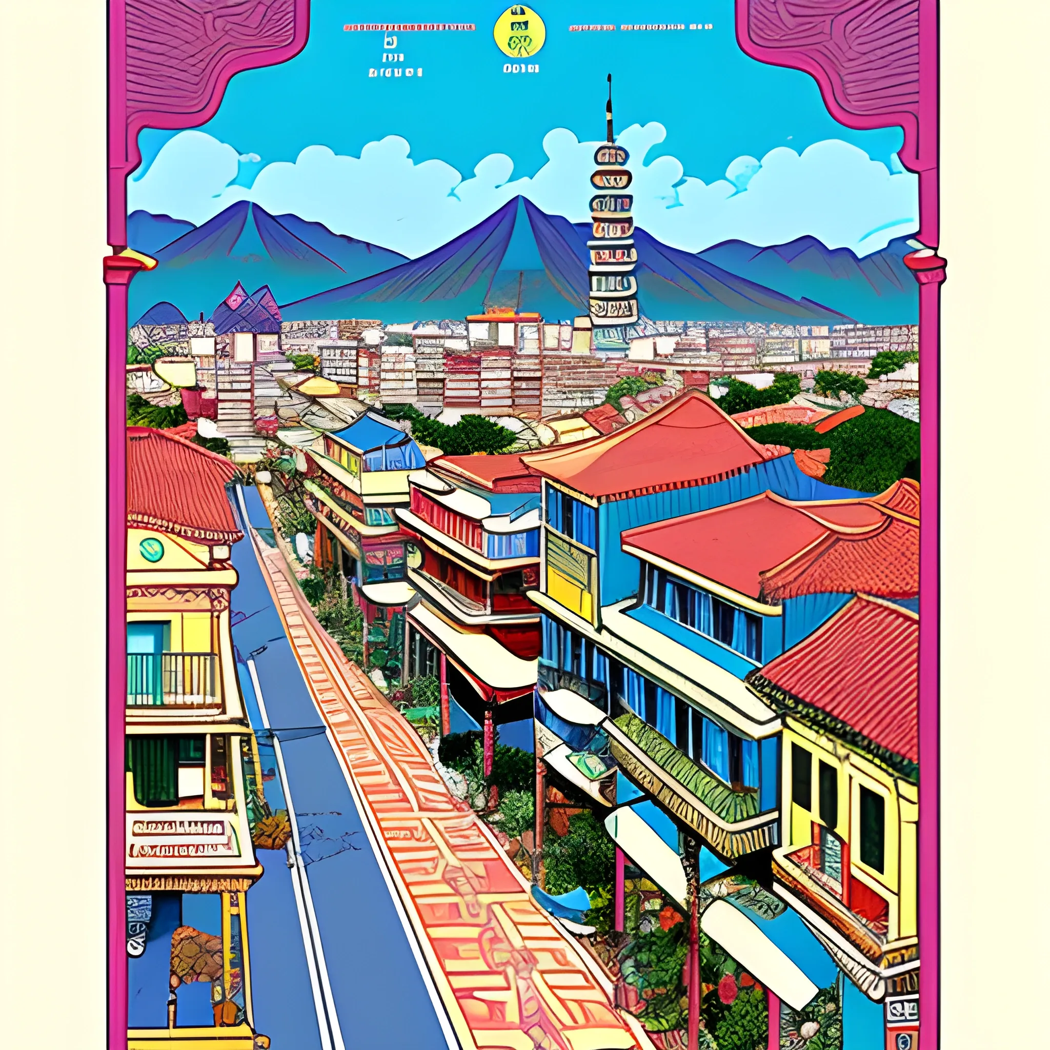 Spanish town in Taiwan, drawn in Jean Giraud art style
