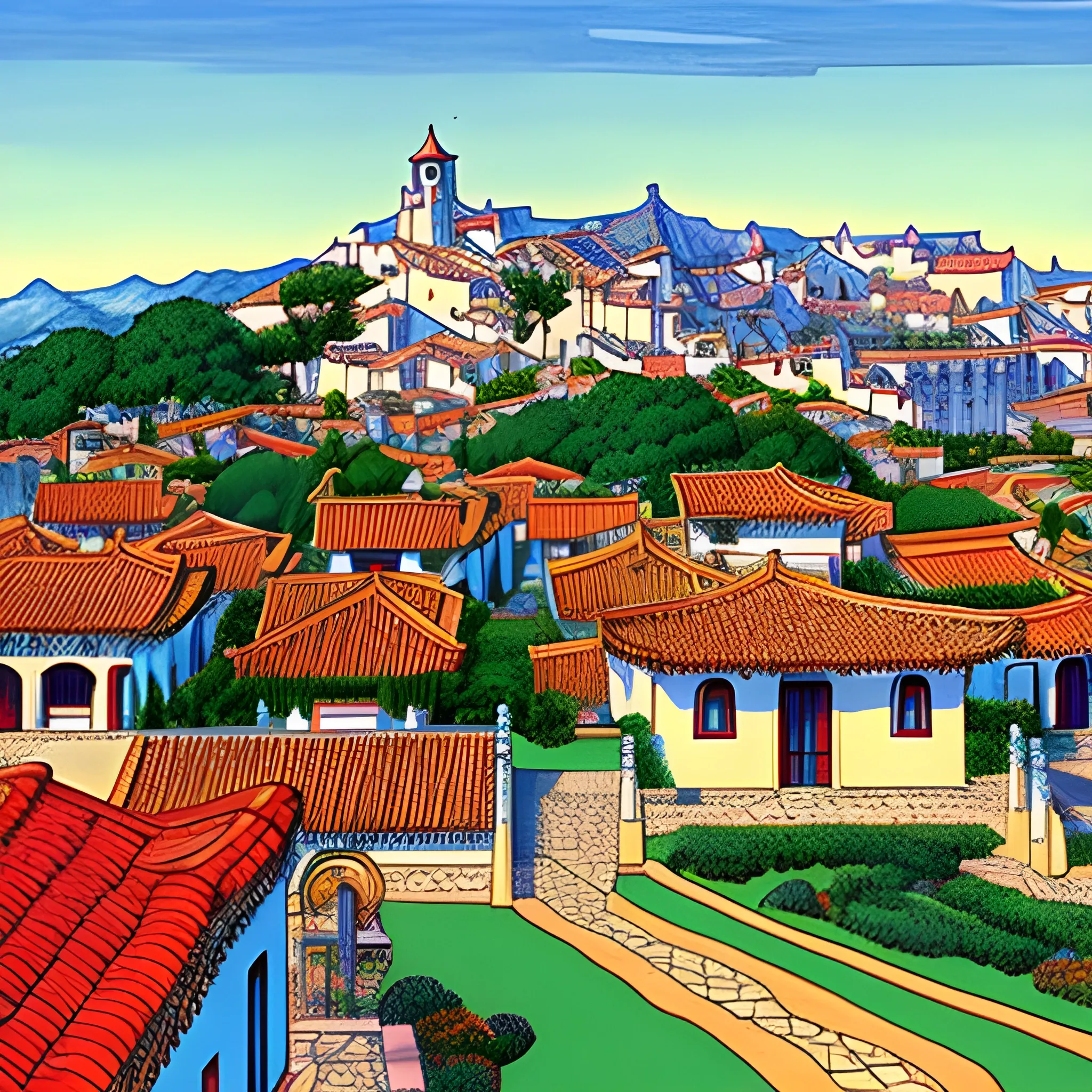 small spanish town in the country, with a mix of Spanish and Chinese architecture, drawn in Jean Giraud art style