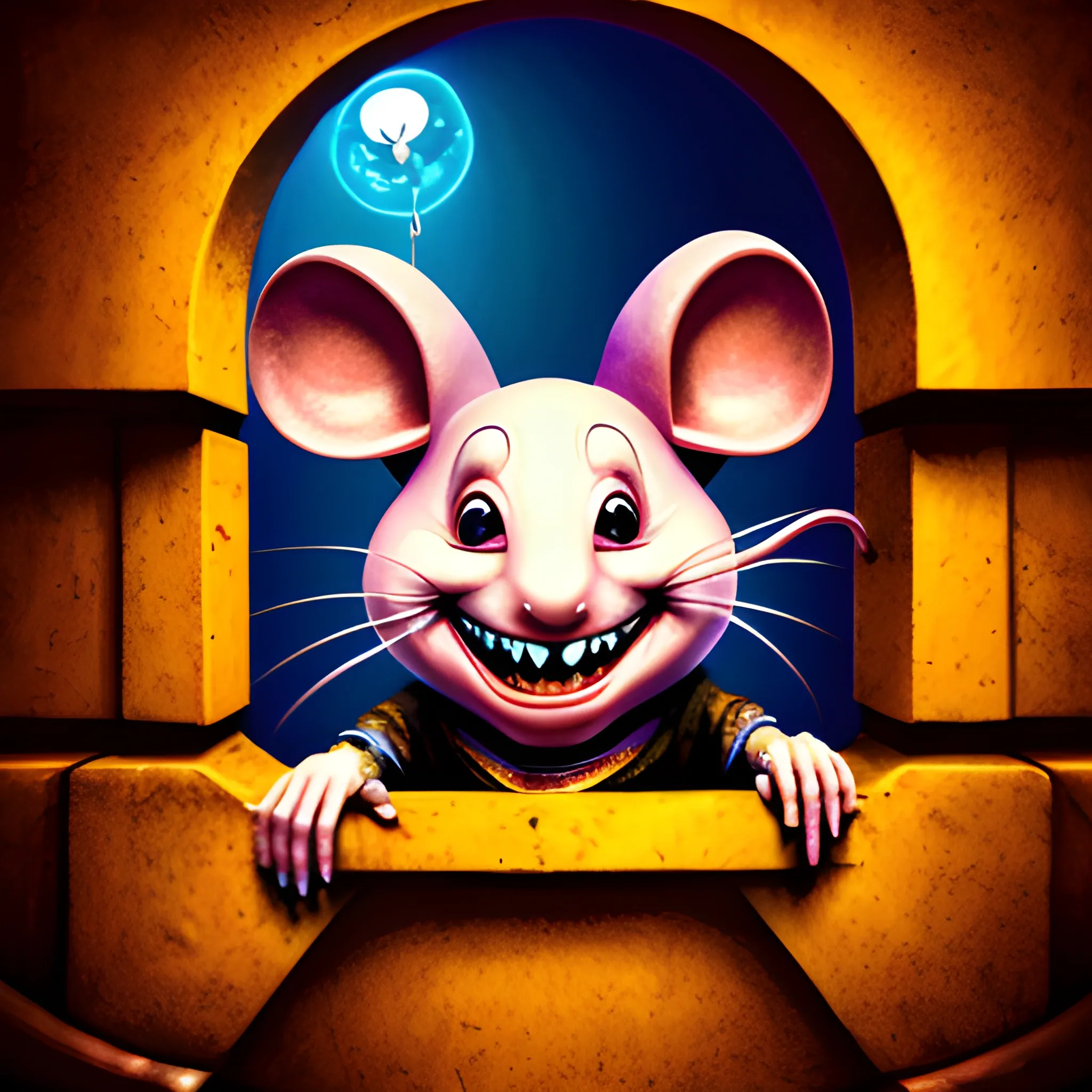 evil mouse smiling into a jail, 3D, Trippy, Oil Painting, Trippy, 3D