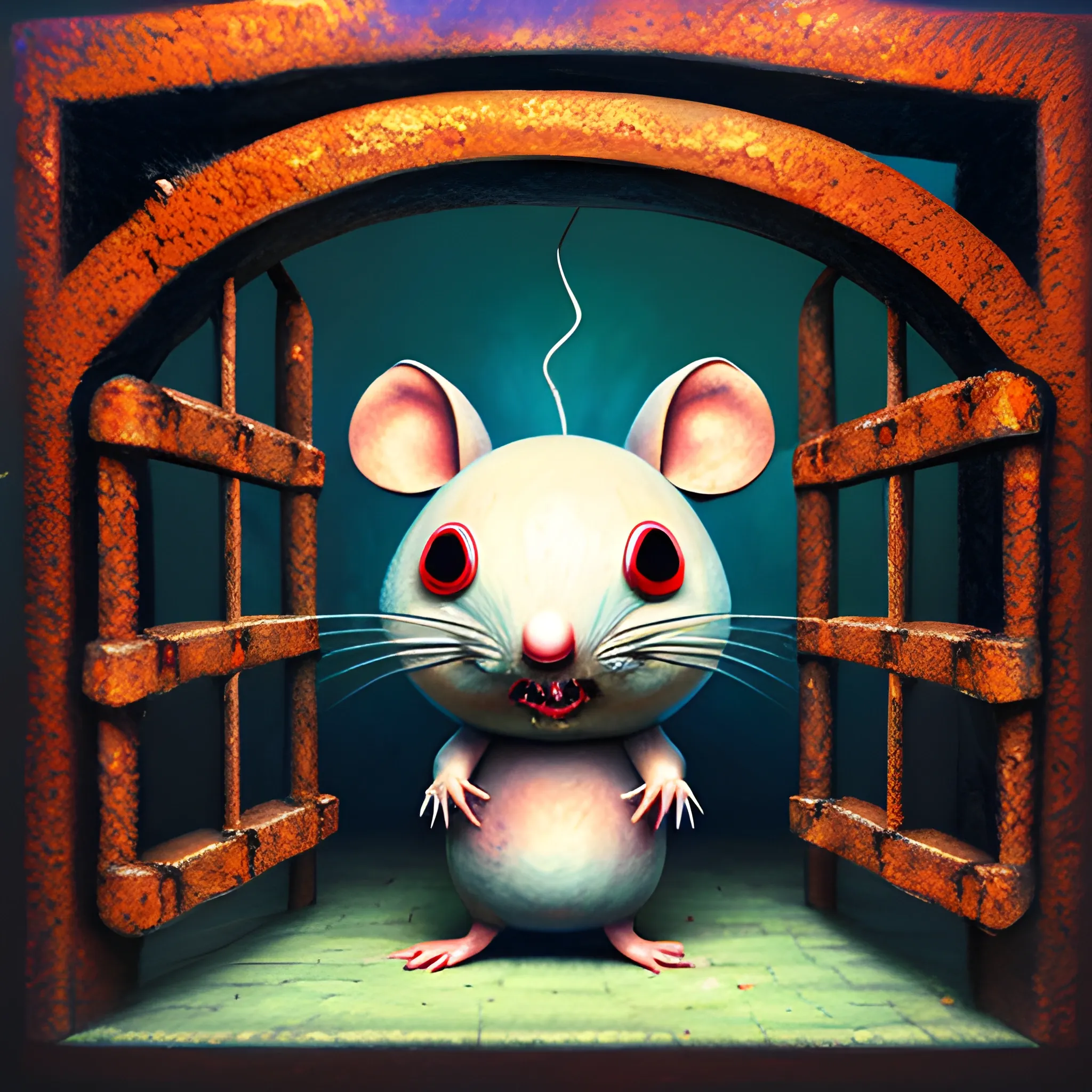 evil sad mouse  into a jail, 3D, Trippy, Oil Painting, Trippy, 3D