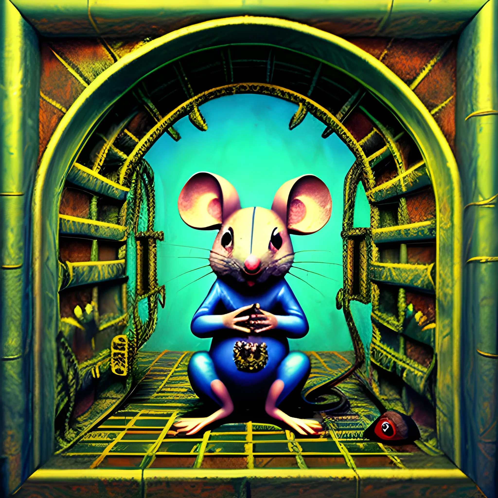 Evil mouse praying in a prison, 3D, Trippy, Oil Painting, Trippy, 3D