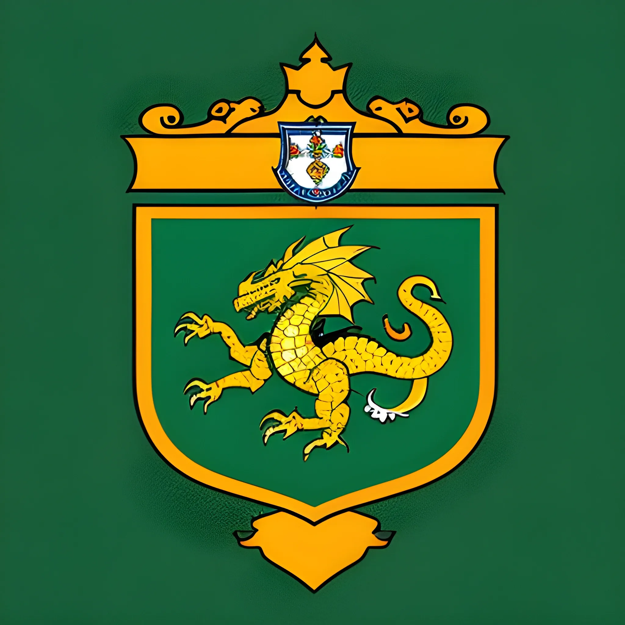 Escudo de club de futbol que incluya dos dragones guardianes en los lados y hojas de eucaliptus en el centro colores verde y dorado 
 