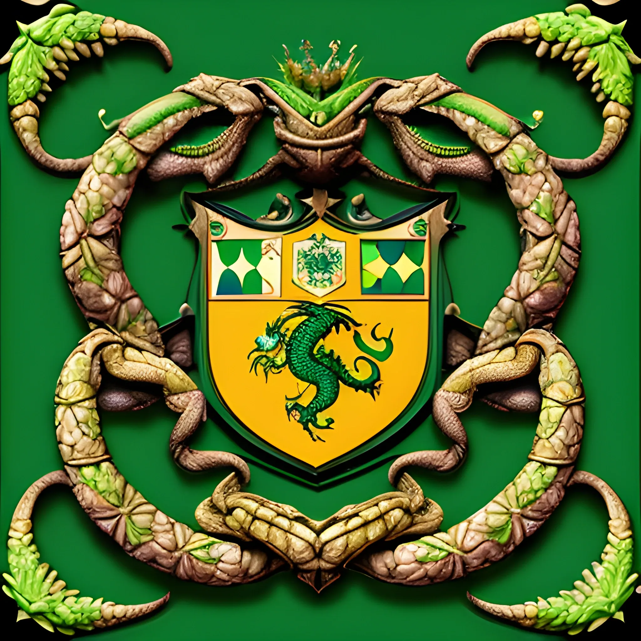 Escudo de club de futbol que incluya dos dragones guardianes en los lados y hojas de eucaliptus en el centro colores verde y dorado estilo cinematico arte fractal
 