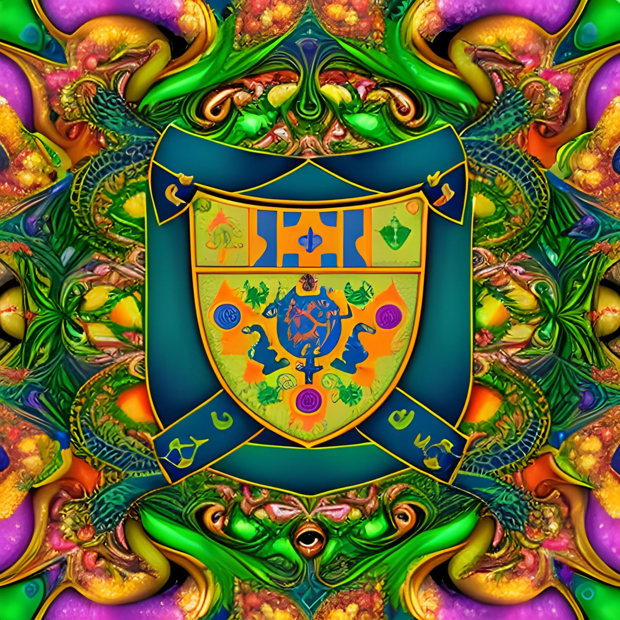 Escudo de club de futbol que incluya dos dragones guardianes en los lados y hojas de eucaliptus en el centro colores verde y dorado estilo cinematico arte fractal
 , Trippy, 3D