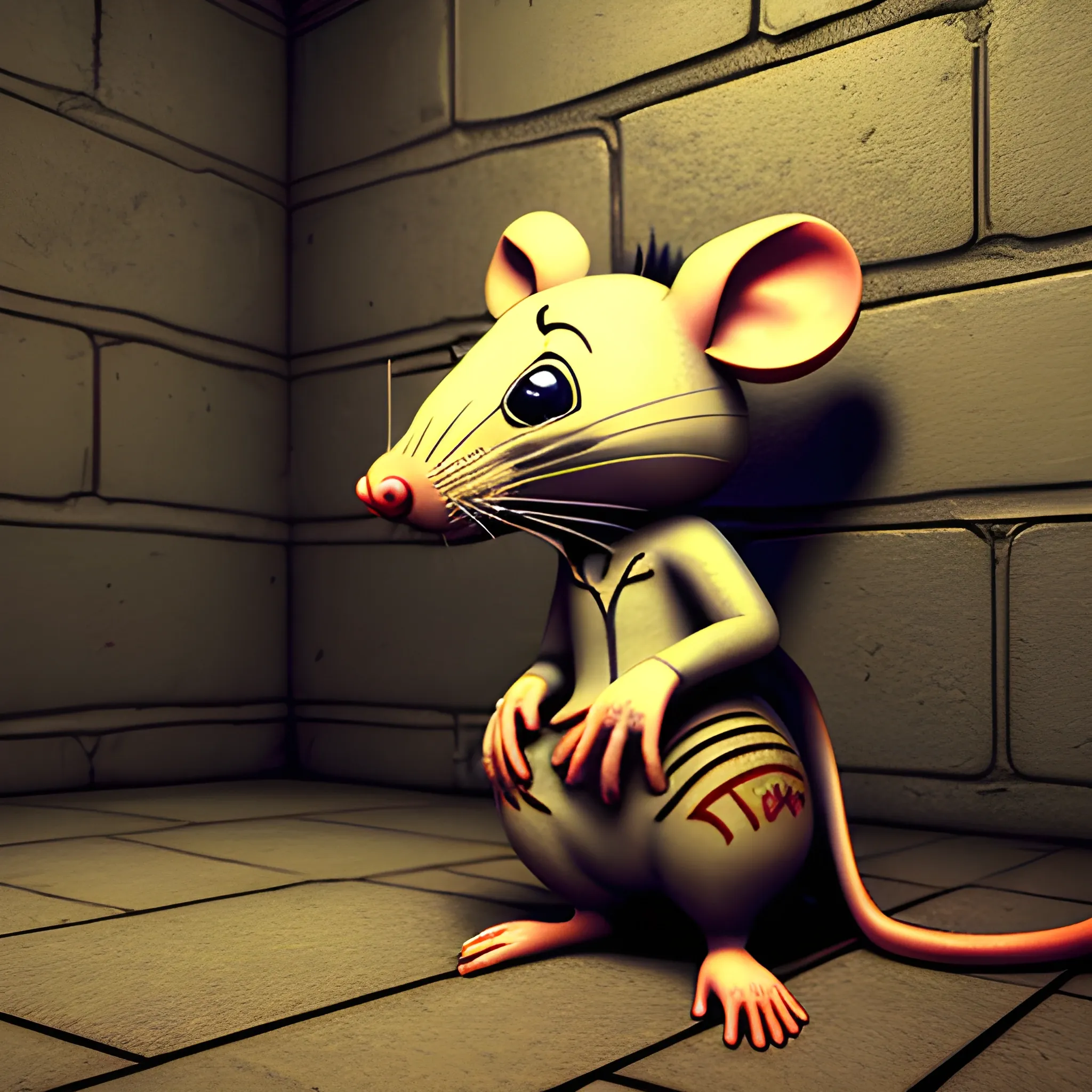 Evil mouse praying in a prison, 3D, Trippy, Oil Paintin, 3 d rendering. unreal engine. amazing likeness. very detailed. cartoon caricature. 