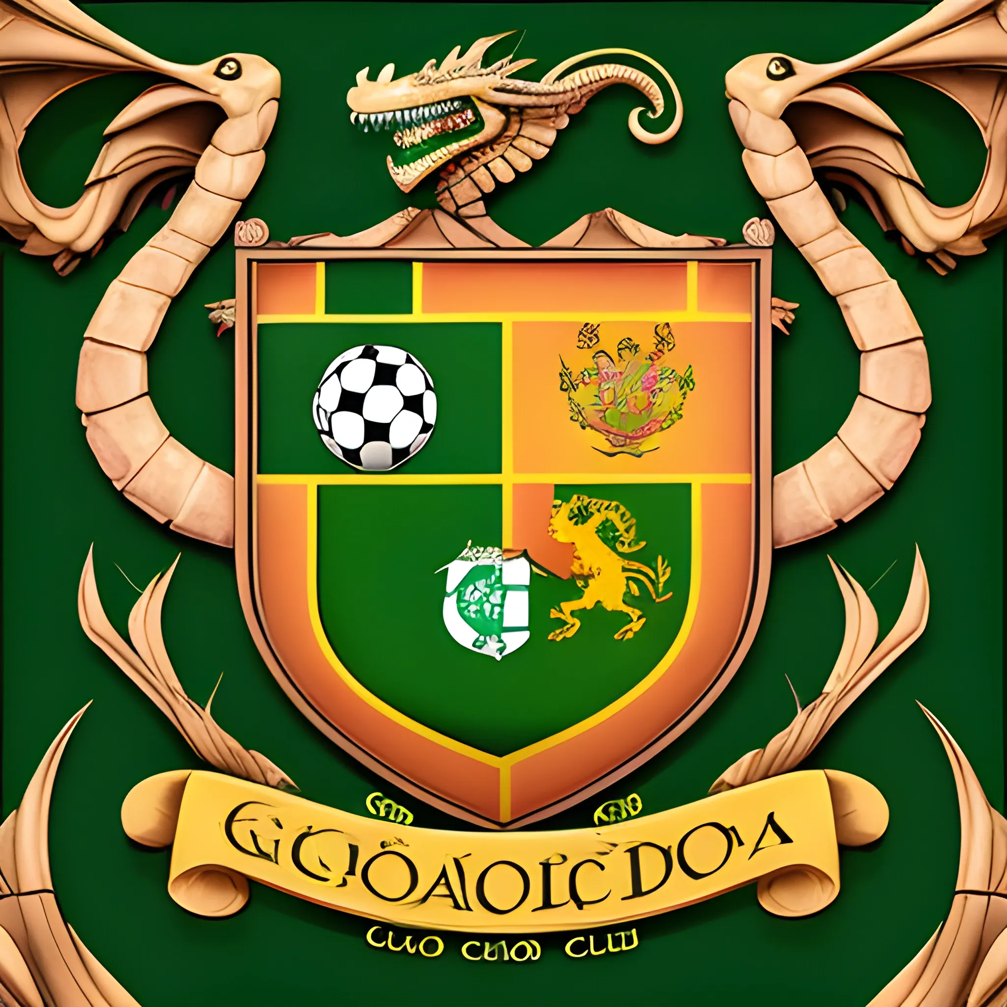 Escudo de club de futbol que incluya dos dragones guardianes en los lados y hojas de eucaliptus en el centro colores verde y dorado estilo cinematico arte fractal
 , 3D, Cartoon