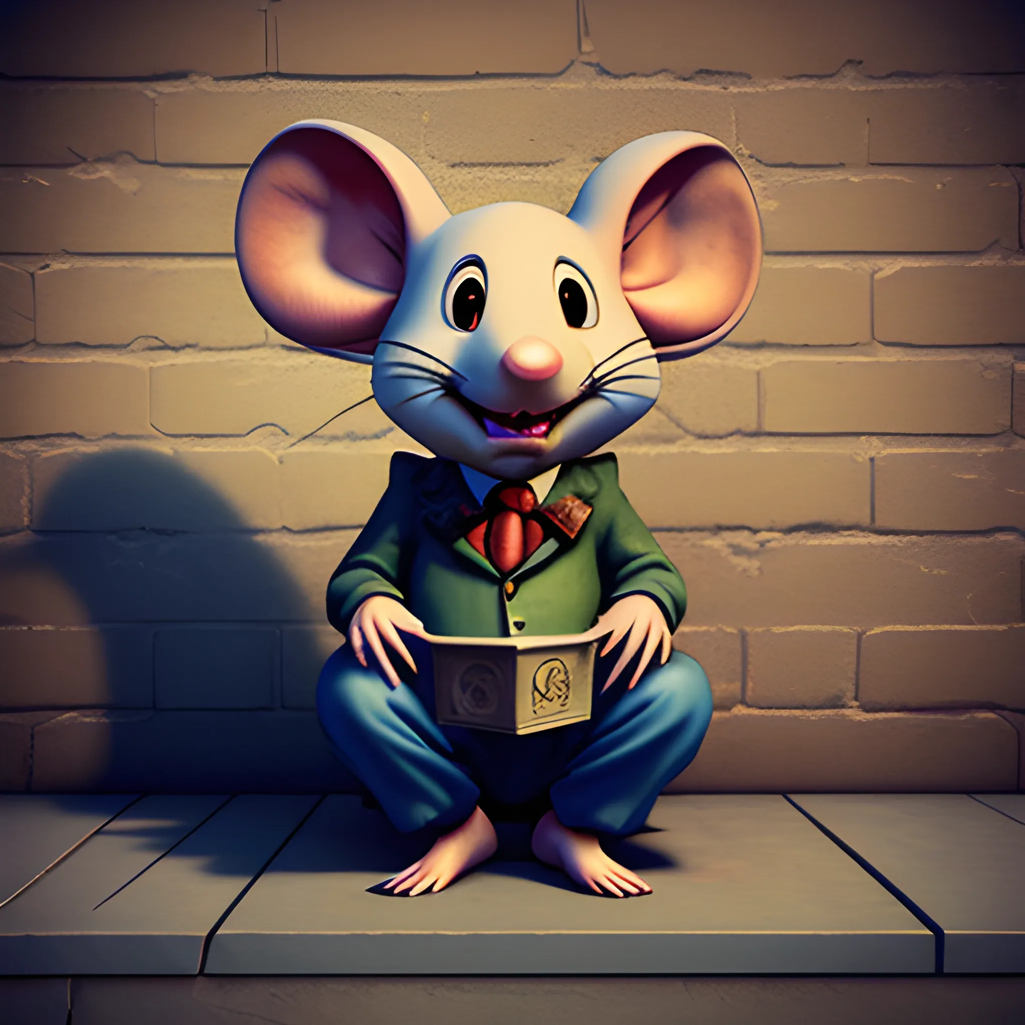 Evil mouse sit on a bank in prison, 3D, Trippy, Oil Paintin, 3 d rendering. unreal engine. amazing likeness. very detailed. cartoon caricature. 