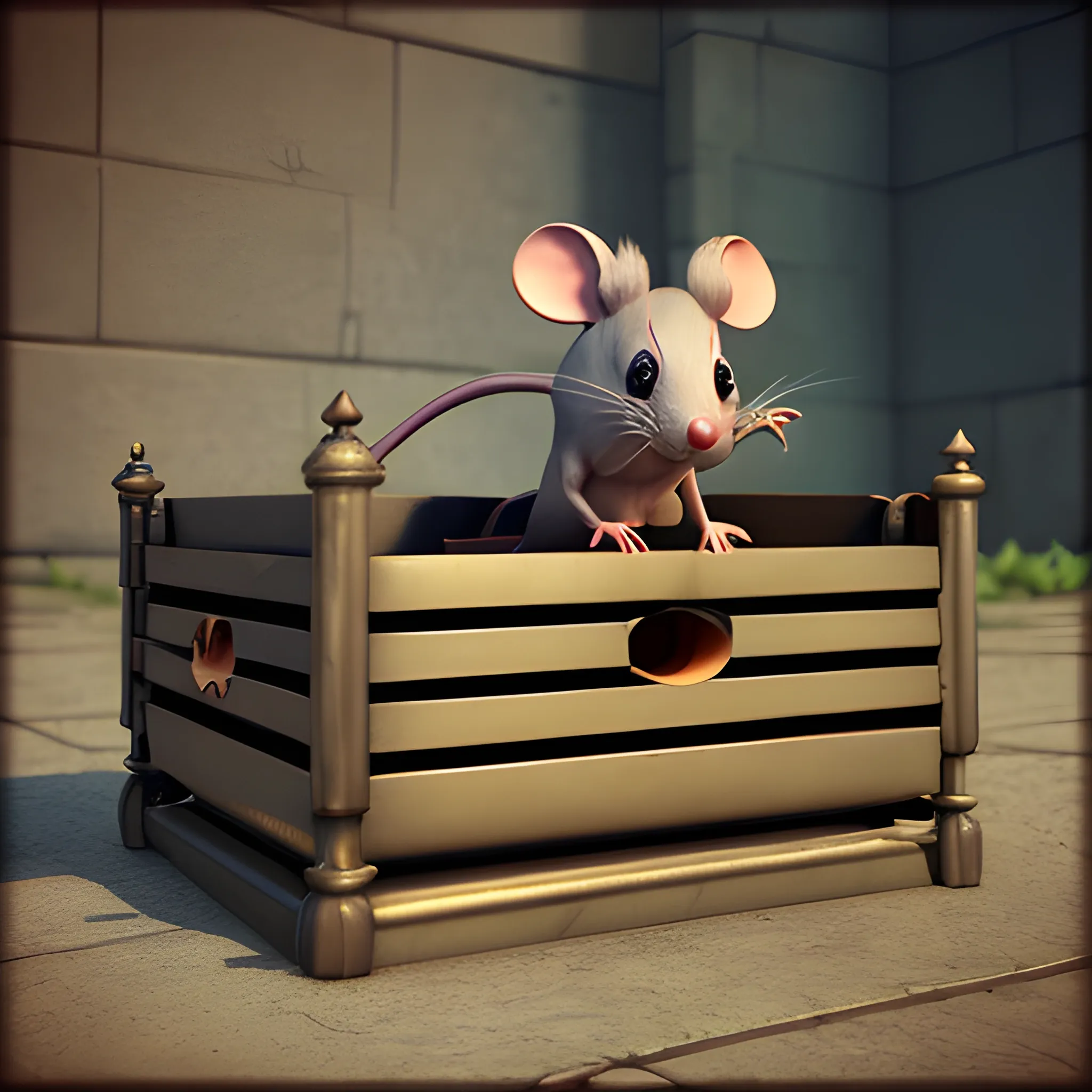 Evil mouse sit on a bank into a trap cage, 3D, Oil Paintin, 3 d rendering. unreal engine. amazing likeness. very detailed. cartoon caricature. 