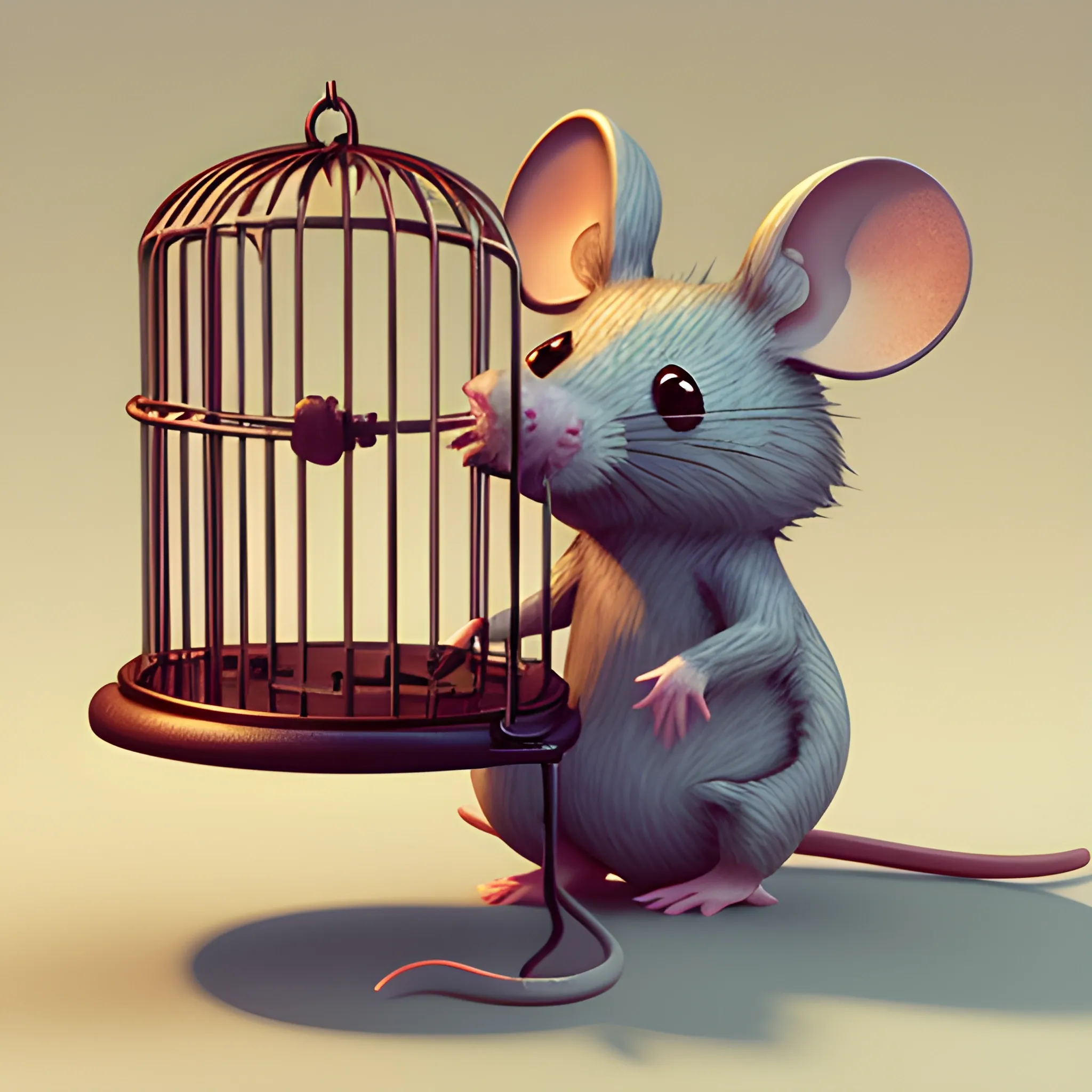 sad mouse into a trap cage, 3D, Oil Paintin, 3 d rendering. unreal engine. amazing likeness. very detailed. cartoon caricature. 