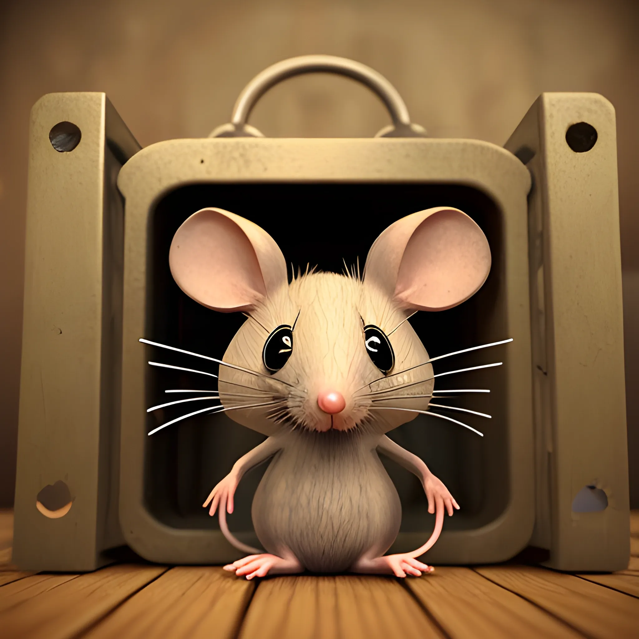 sad mouse inside a trap cage, 3D, Oil Paintin, 3 d rendering. unreal engine. amazing likeness. very detailed. cartoon caricature. 