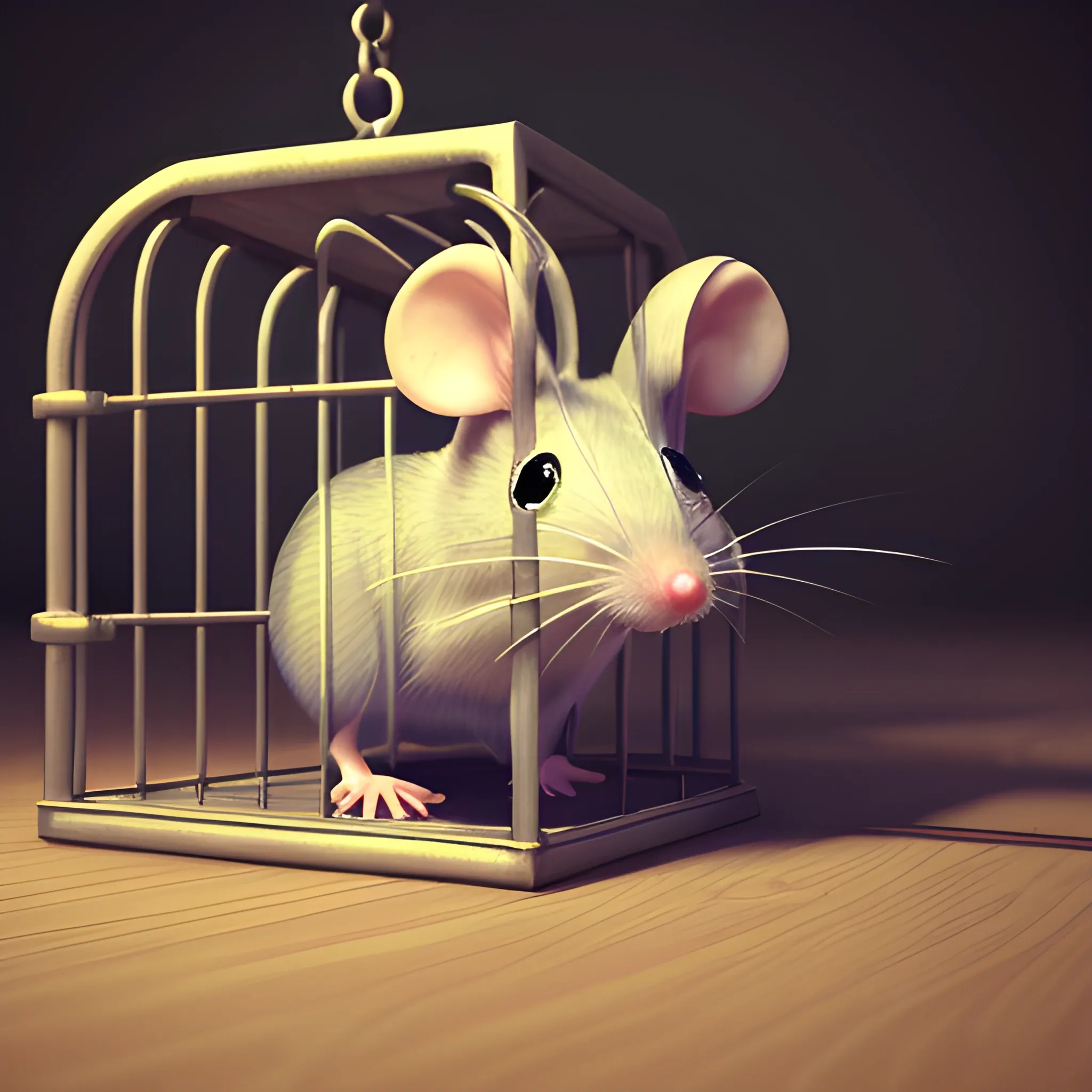 sad mouse inside a trap cage, 3D, Oil Paintin, 3 d rendering. unreal engine. amazing likeness. very detailed. cartoon caricature. 