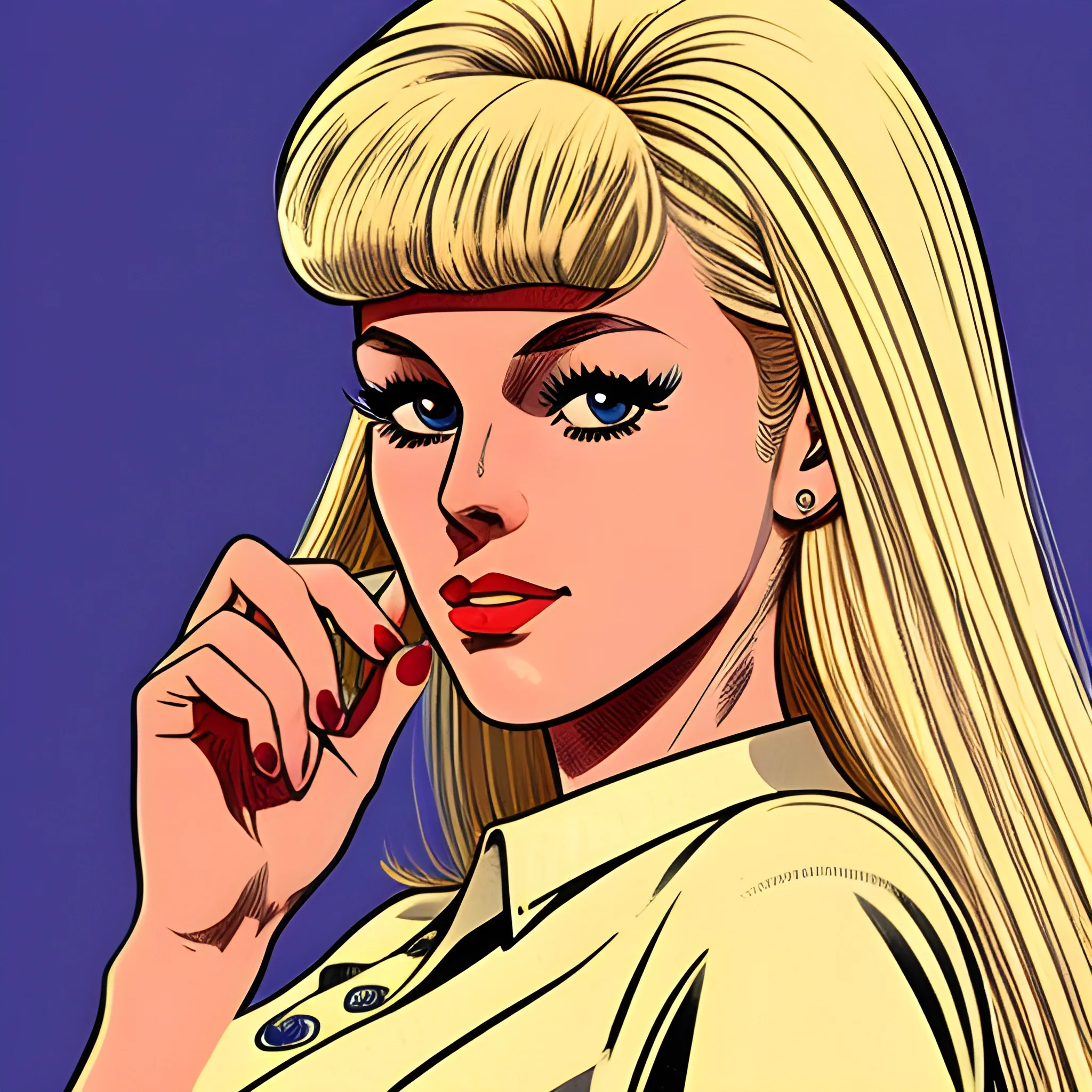 blonde female in 1960's clothing, looking aloof, drawn in Jean Giraud art style