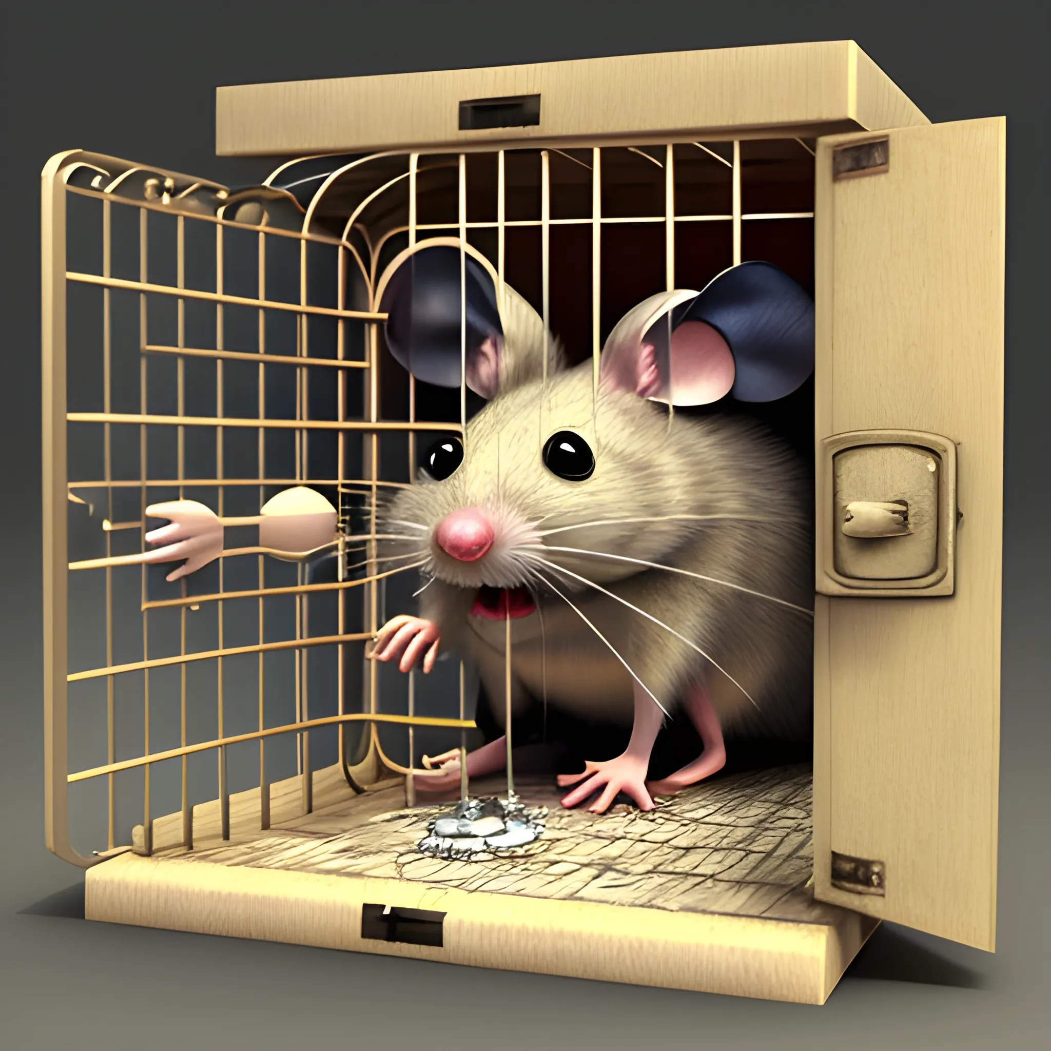 bad mouse inside a trap cage, 3D, Oil Paintin, 3 d rendering, amazing likeness. very detailed. cartoon caricature. 