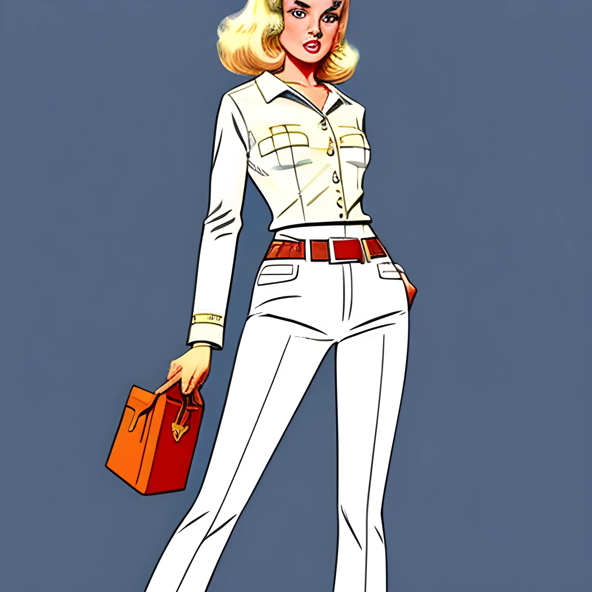 blonde female in 1960's clothings, looking aloof, drawn in Jean Giraud art style, full body shot