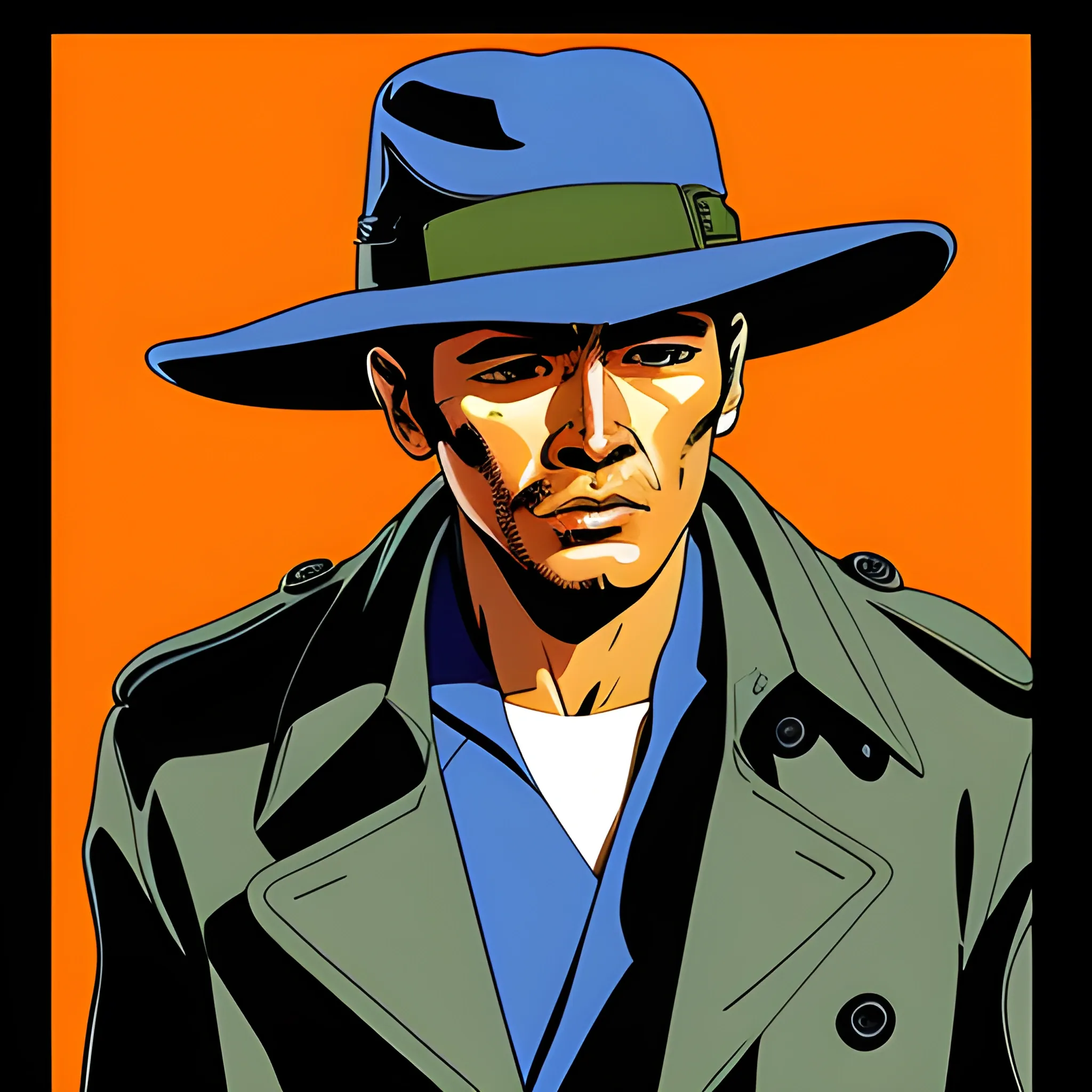 el Salvadorian man in a trench coat and 1960's clothing, talking, head shots, not hat, drawn in Jean Giraud art style