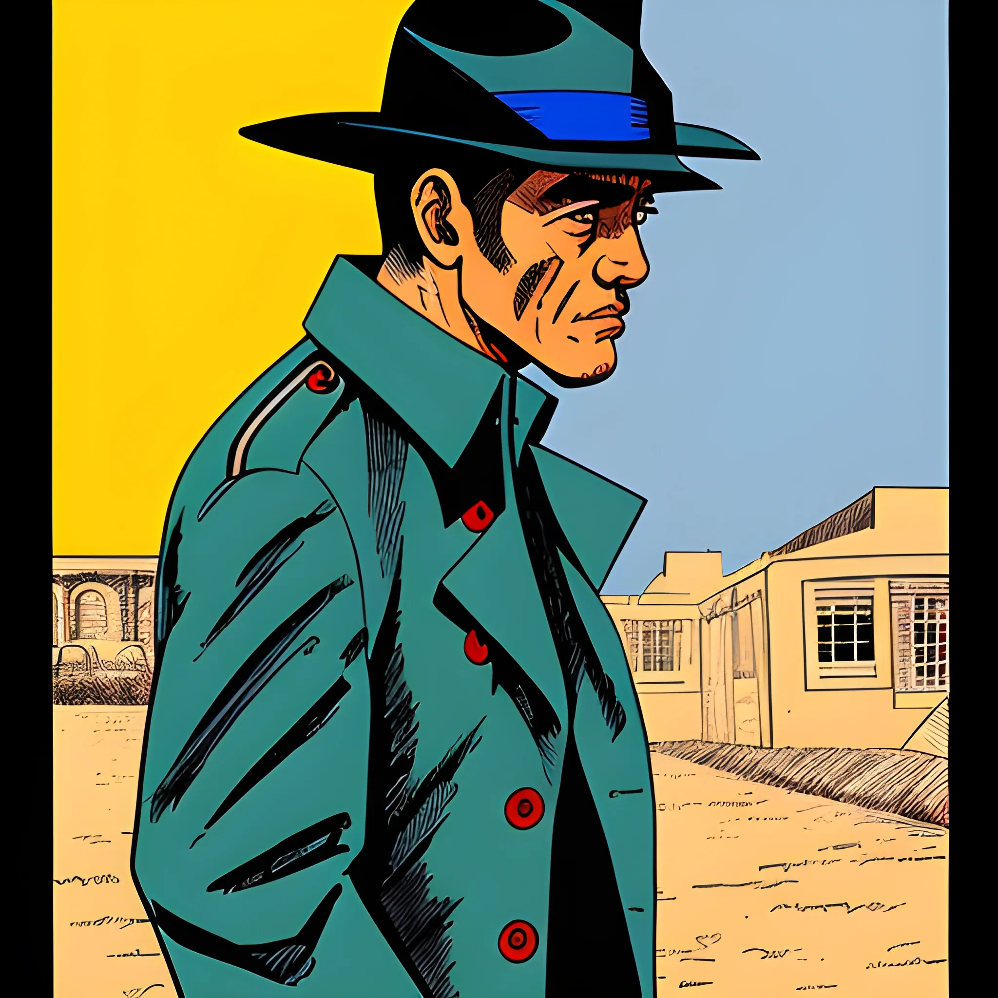 el Salvadorian man in a trench coat and 1960's clothing, talking, side view, head shots, not hat, drawn in Jean Giraud art style