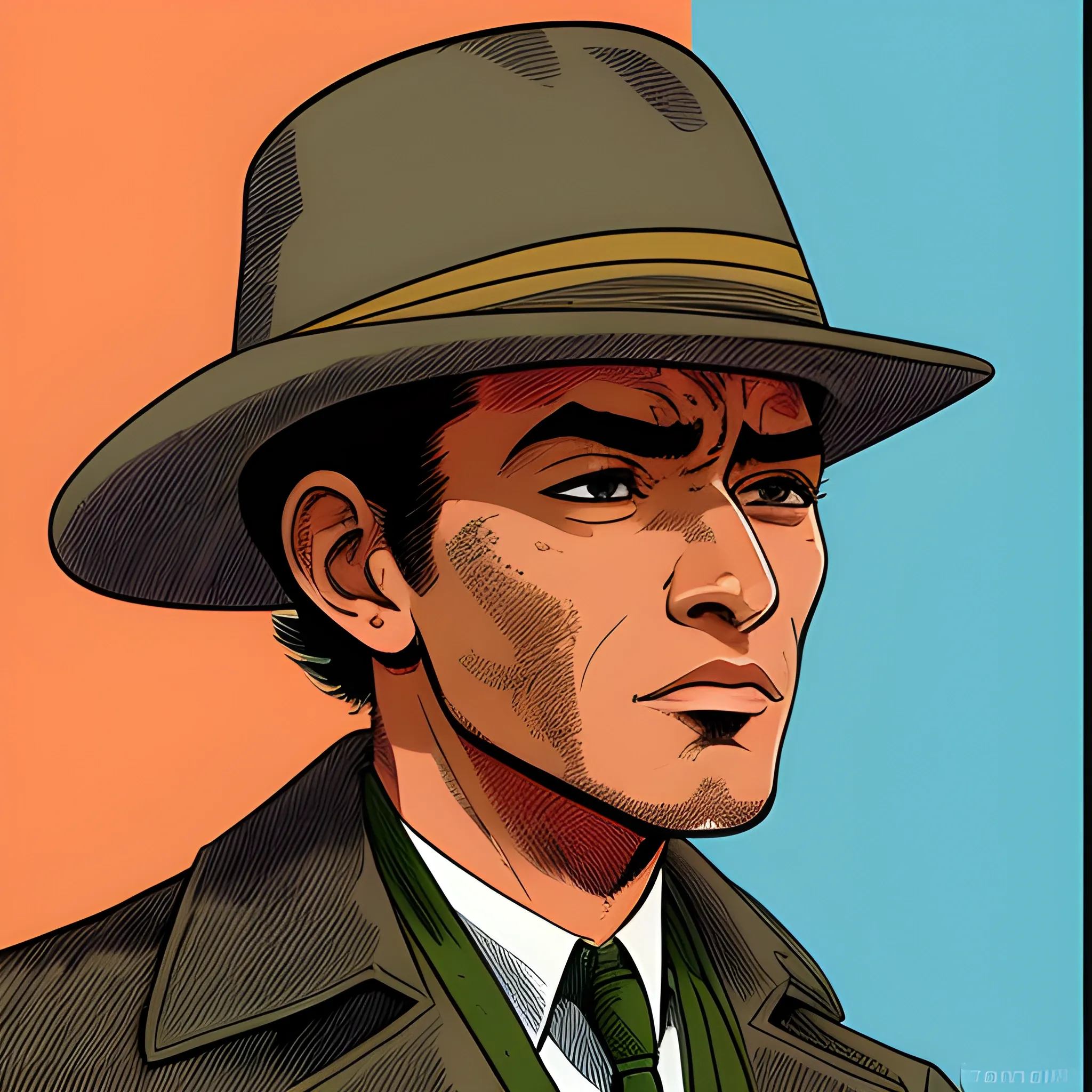 el Salvadorian man in a trench coat and 1960's clothing, talking, four different head shots, no hat, different angle, drawn in Jean Giraud art style