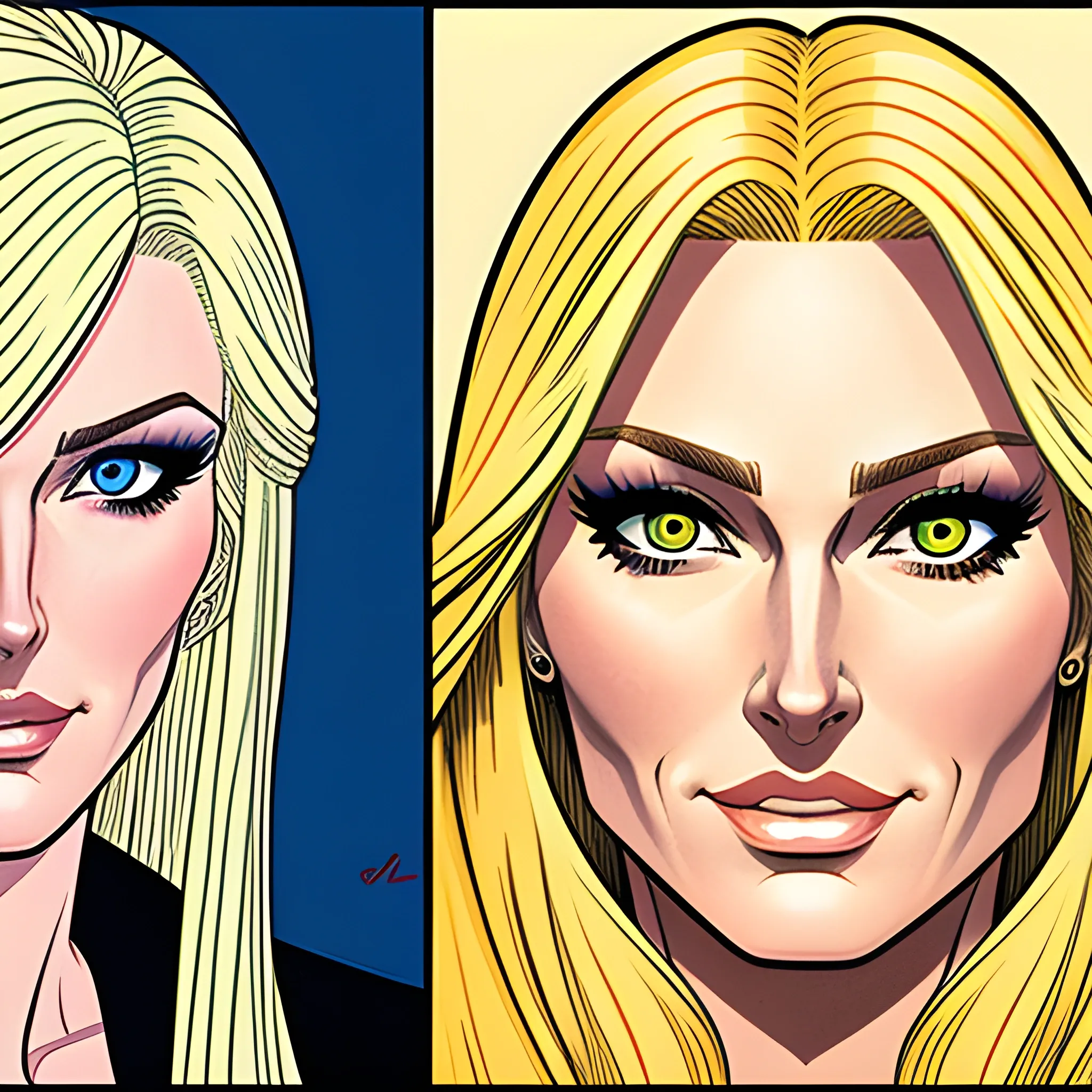 young woman, long blonde hair, four headshots, drawn in Jean Giraud art style