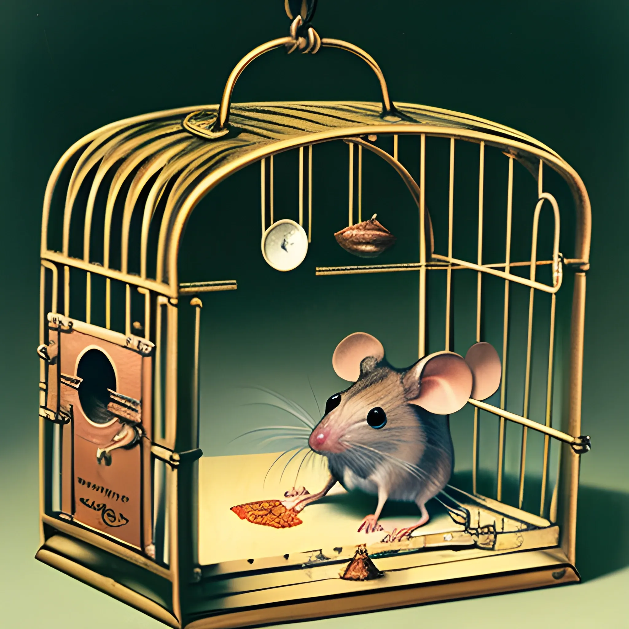 mouse inside a trap cage, work of a surrealist master