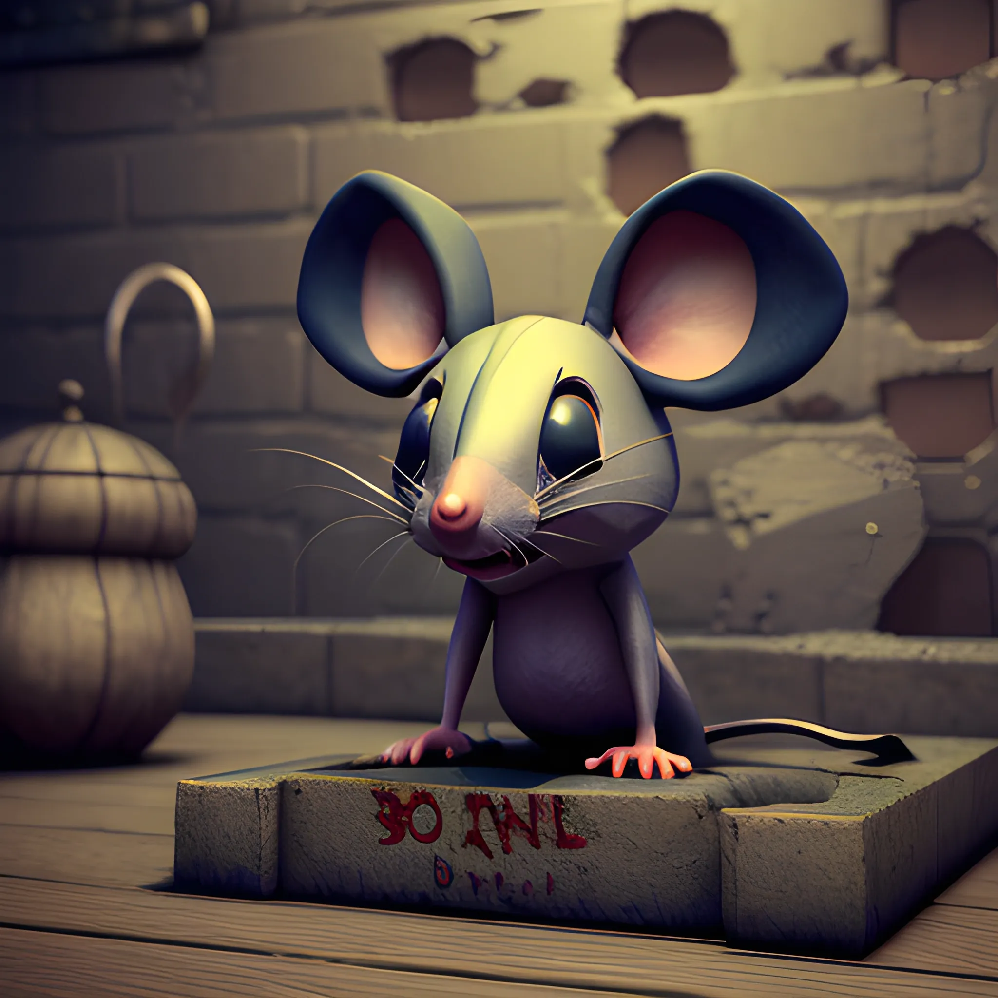 Evil mouse sit on a bank in prison, 3D, Trippy, Oil Paintin, 3 d rendering. unreal engine. amazing likeness. very detailed. cartoon caricature.